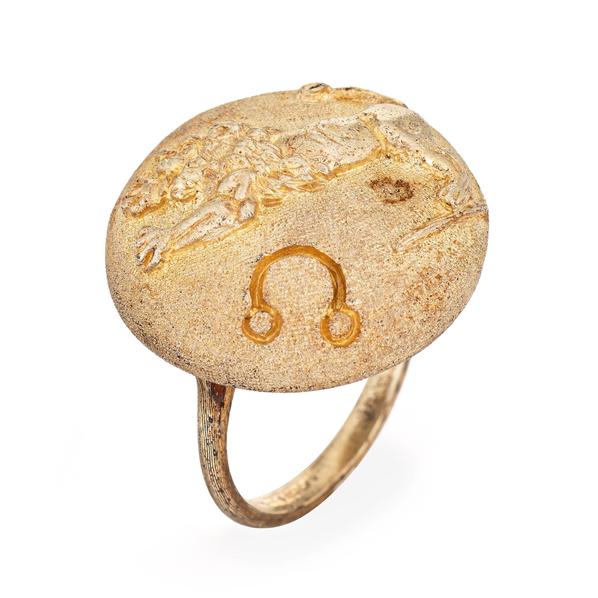Stylish vintage Buccellati Leo zodiac ring crafted in sterling silver gilt. 

The finely detailed ring features a lion to the round domed mount. Designed by Gianmaria Buccellati the ring is a great example of the intricate work from the famed