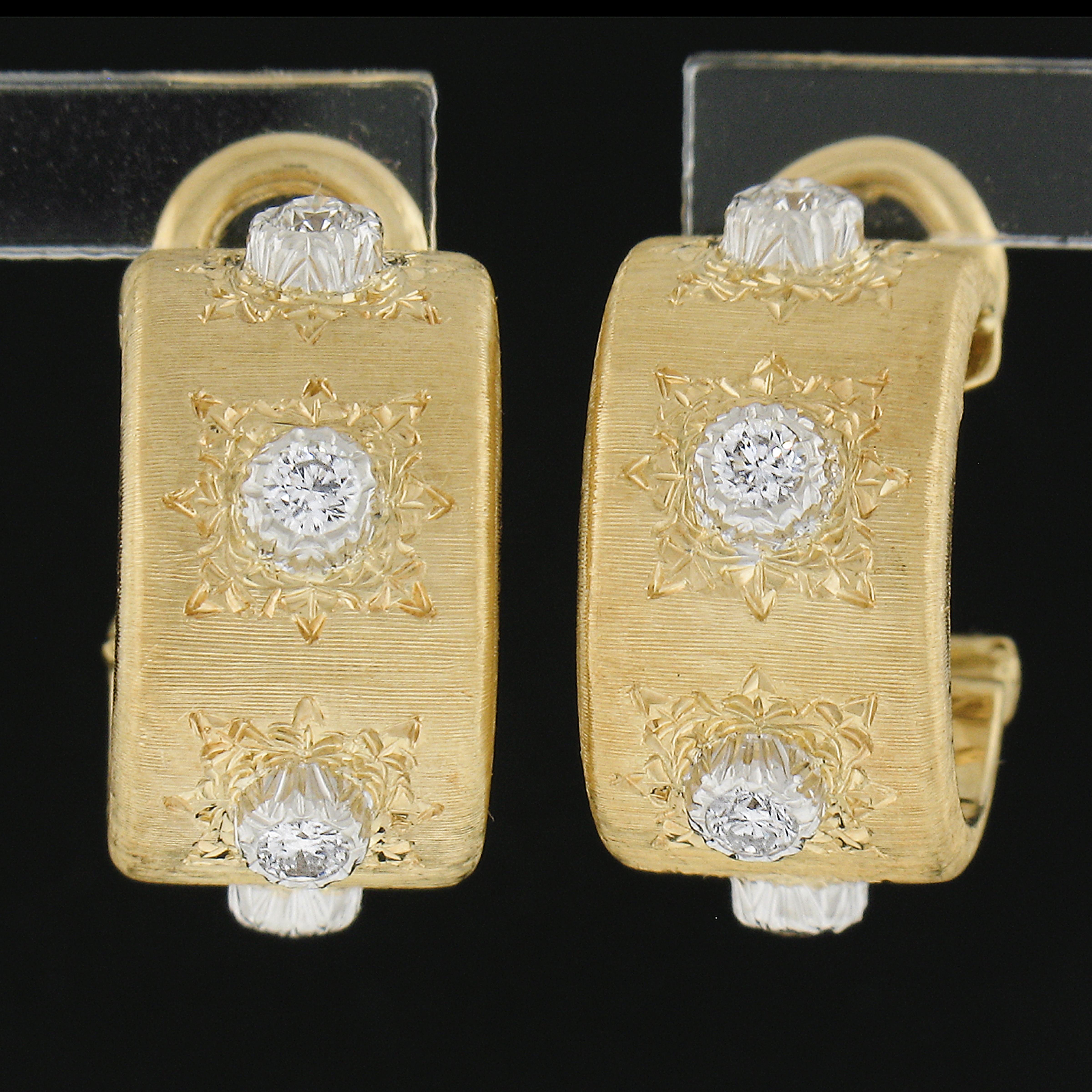 --Stone(s):--
(8) Natural Genuine Diamonds - Round Cut - Bezel Set - F/G Color - VS1-SI1 Clarity
Total Carat Weight: 0.24 (approx.)

Material: Solid 18k Yellow Gold w/ White Gold Accents
Weight: 9.71 Grams
Backing: Posts w/ Omega Closures (Pierced