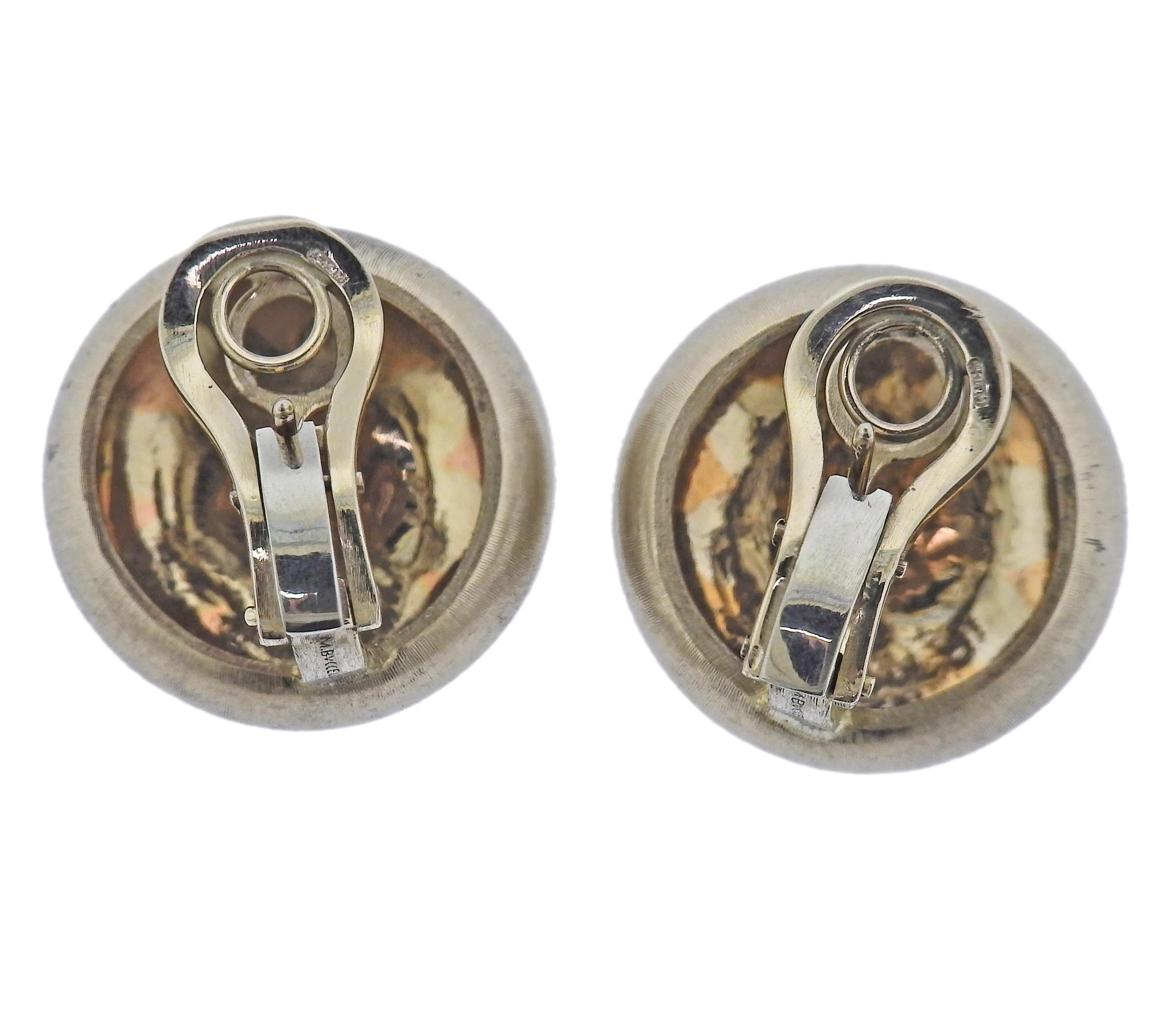 Pair of 18k white and rose gold button earrings by Buccellati. Earrings are 20mm in diameter. Weight - 20.5 grams. Marked: Buccellati, 750, *15Mi. 