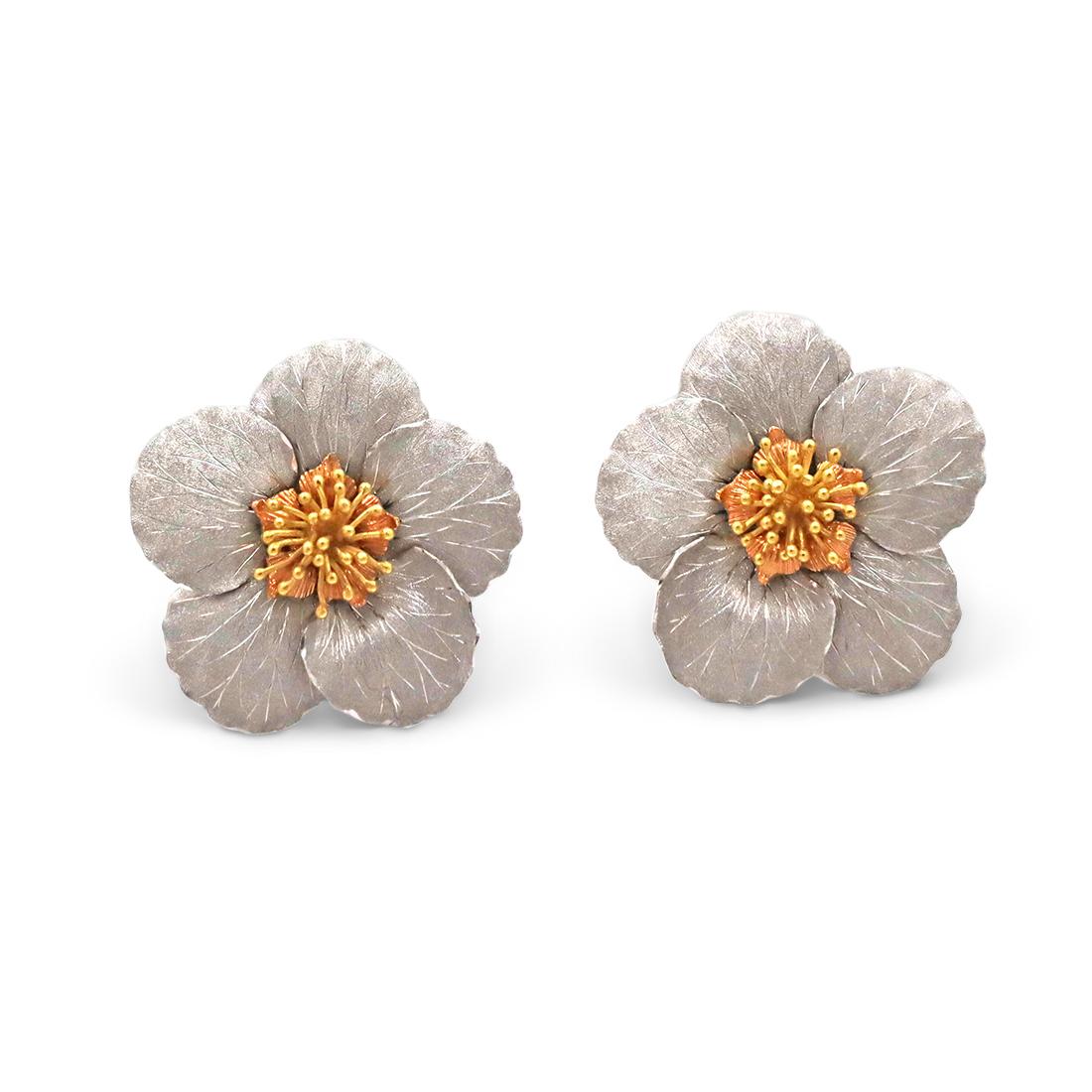 Authentic Buccellati 'Magnolia Blossoms' earrings crafted in 18 karat rose, yellow, and white gold. The earrings are intricately designed with Buccellati's signature Florentine finish. The earrings measure 29mm in diameter. Signed Buccellati, Italy,