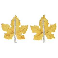 Buccellati Mid-Century Diamond 18K Two-Tone Gold Vintage Maple Leaf Earrings