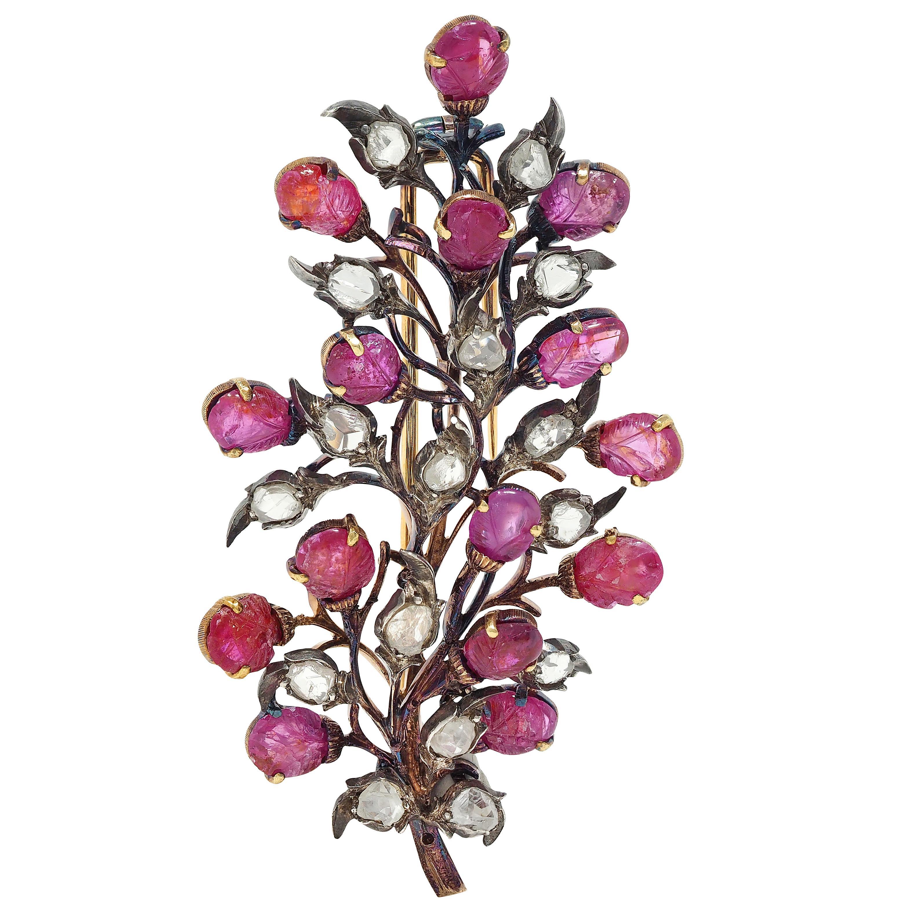 Buccellati Mid-Century Ruby Diamond 18K Gold Silver Vintage Foliate Broche
