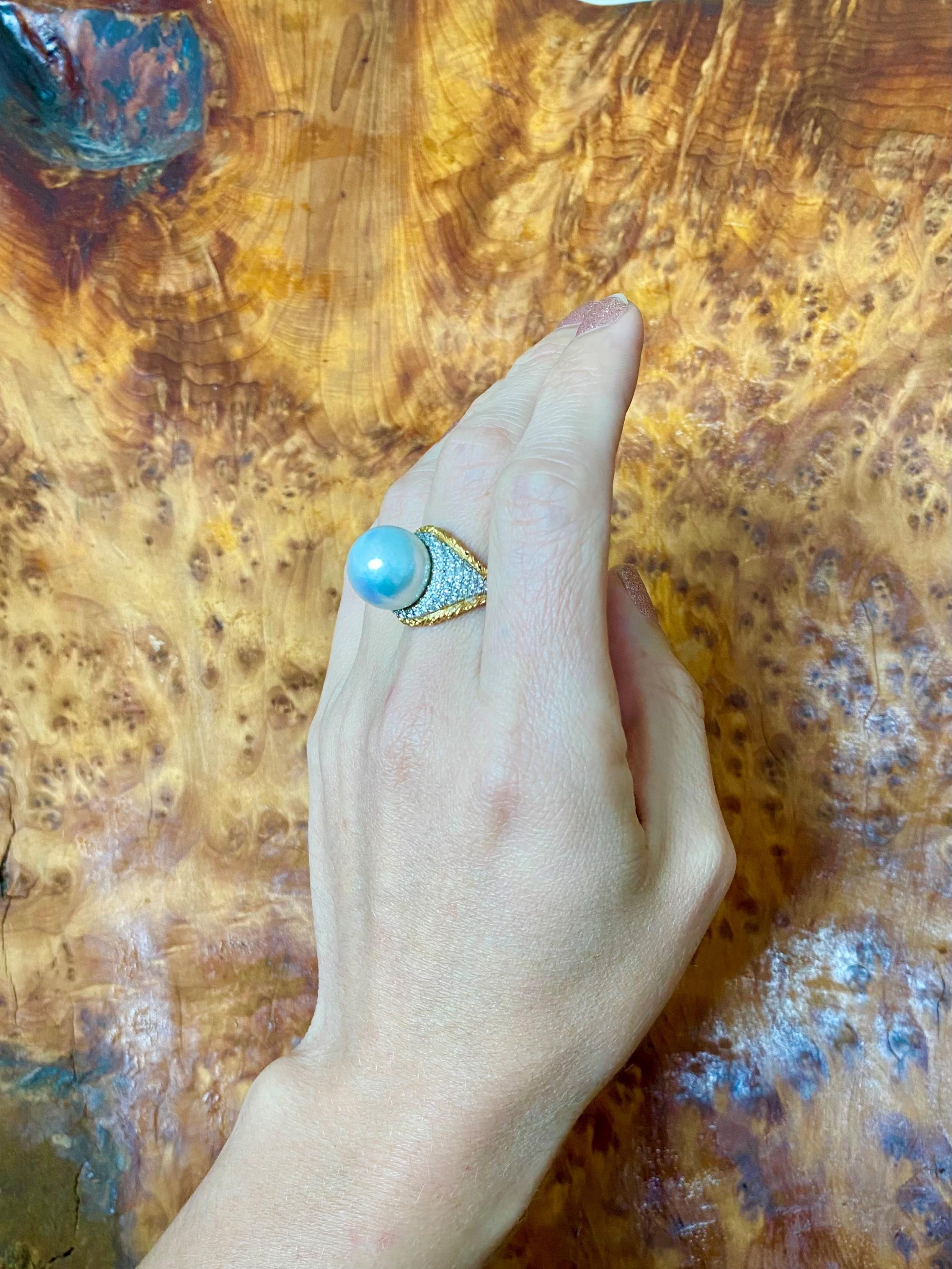 Buccellati Milan Cocktail Ring in 18Kt Gold 1.20 Ctw Diamonds & Pearl 1