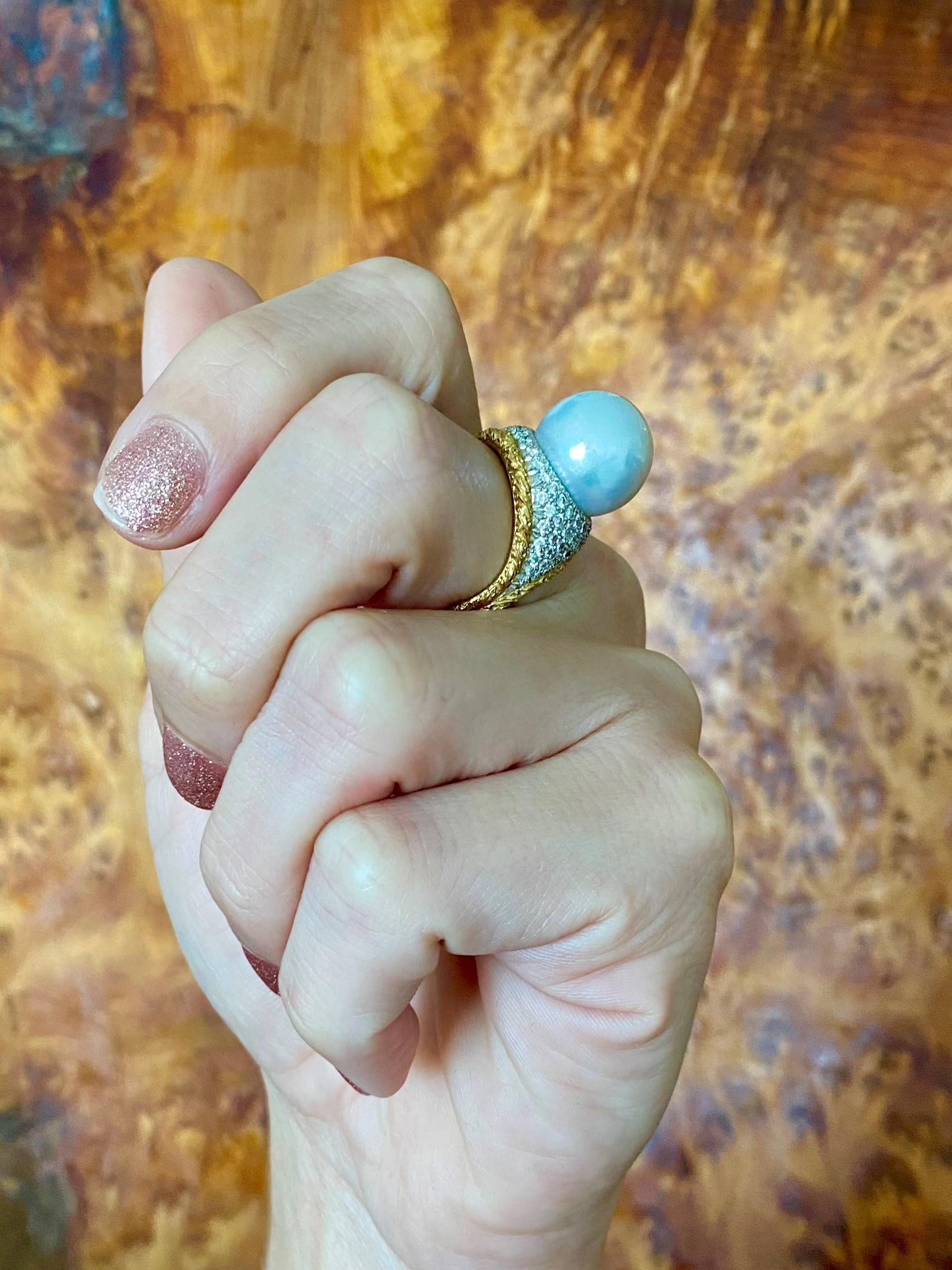 Buccellati Milan Cocktail Ring in 18Kt Gold 1.20 Ctw Diamonds & Pearl 2