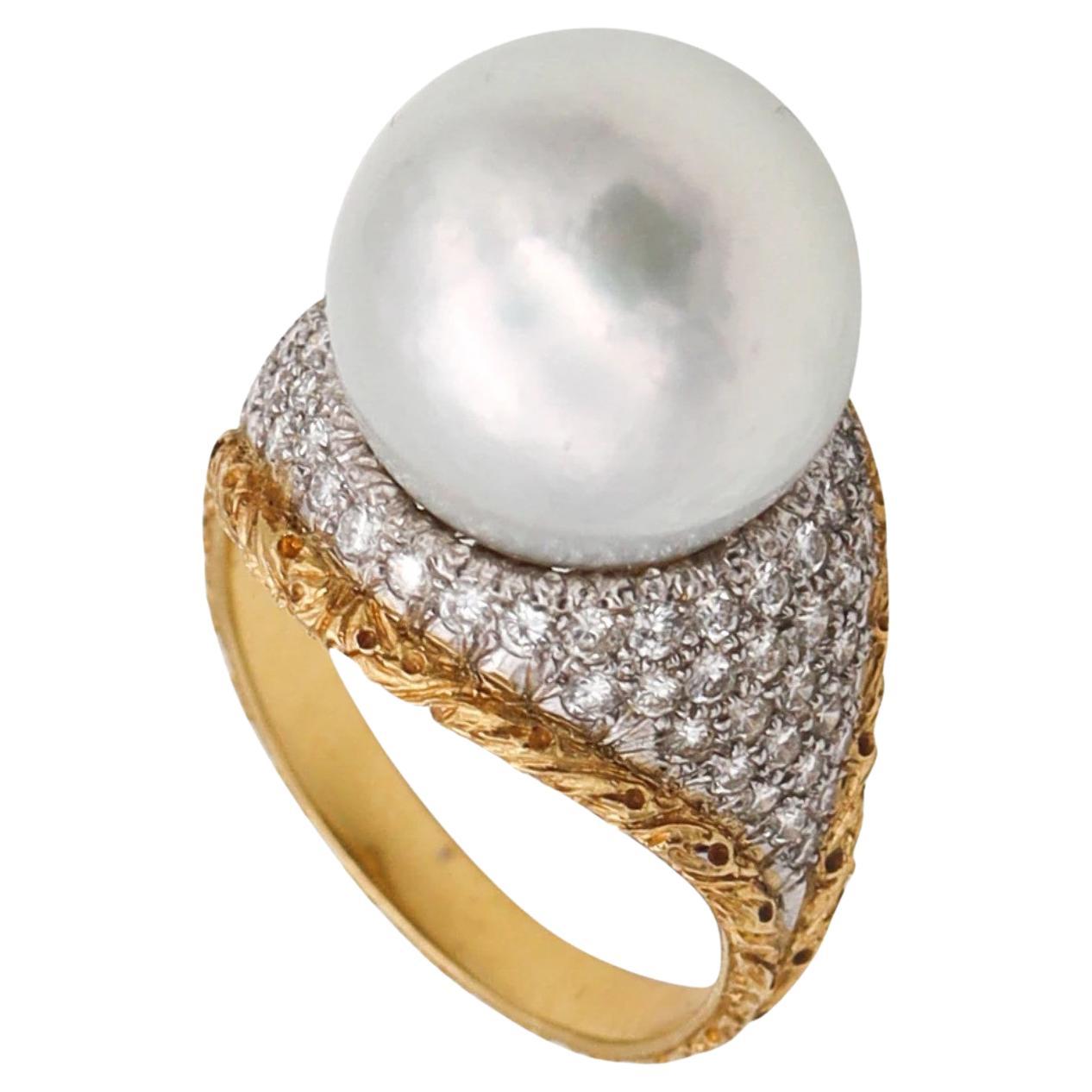 Buccellati Milan Cocktail Ring in 18Kt Gold 1.20 Ctw Diamonds & Pearl For Sale
