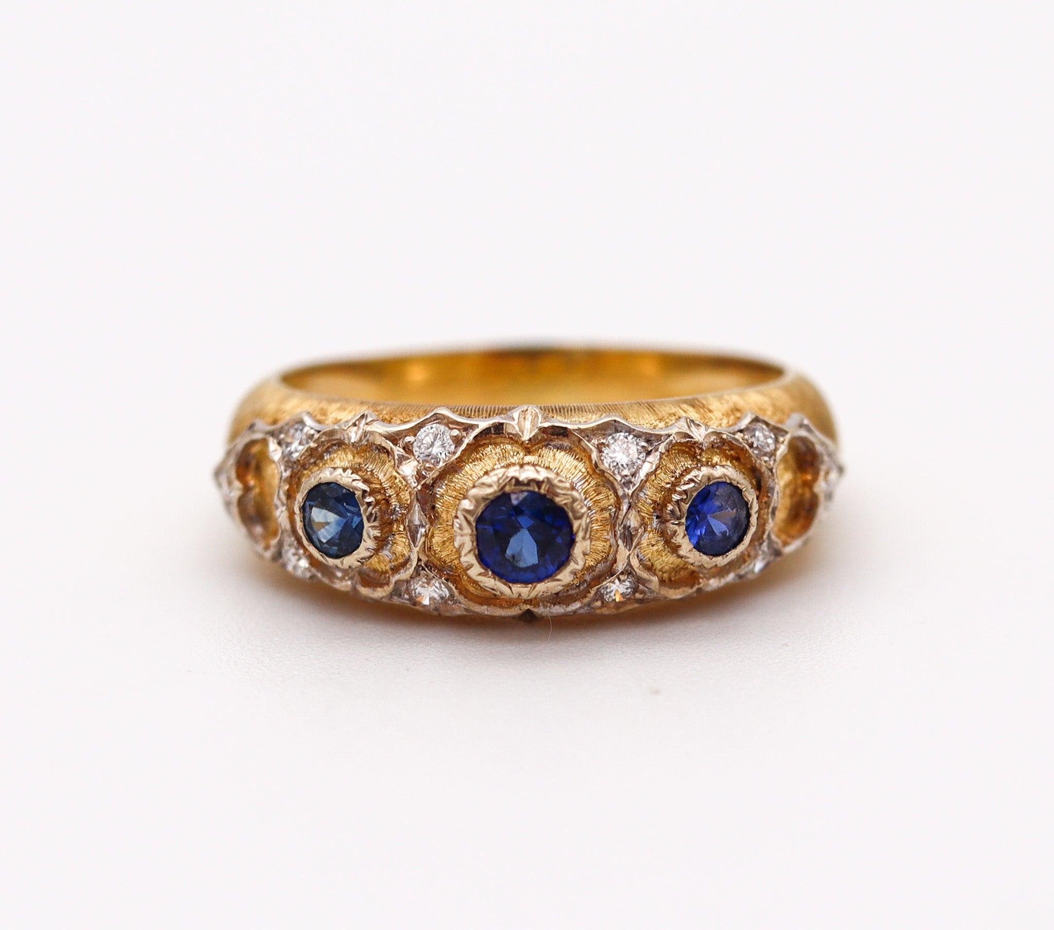 Round Cut BUCCELLATI Milano Baroque Ring In 18Kt Gold With Blue Sapphires & Diamonds