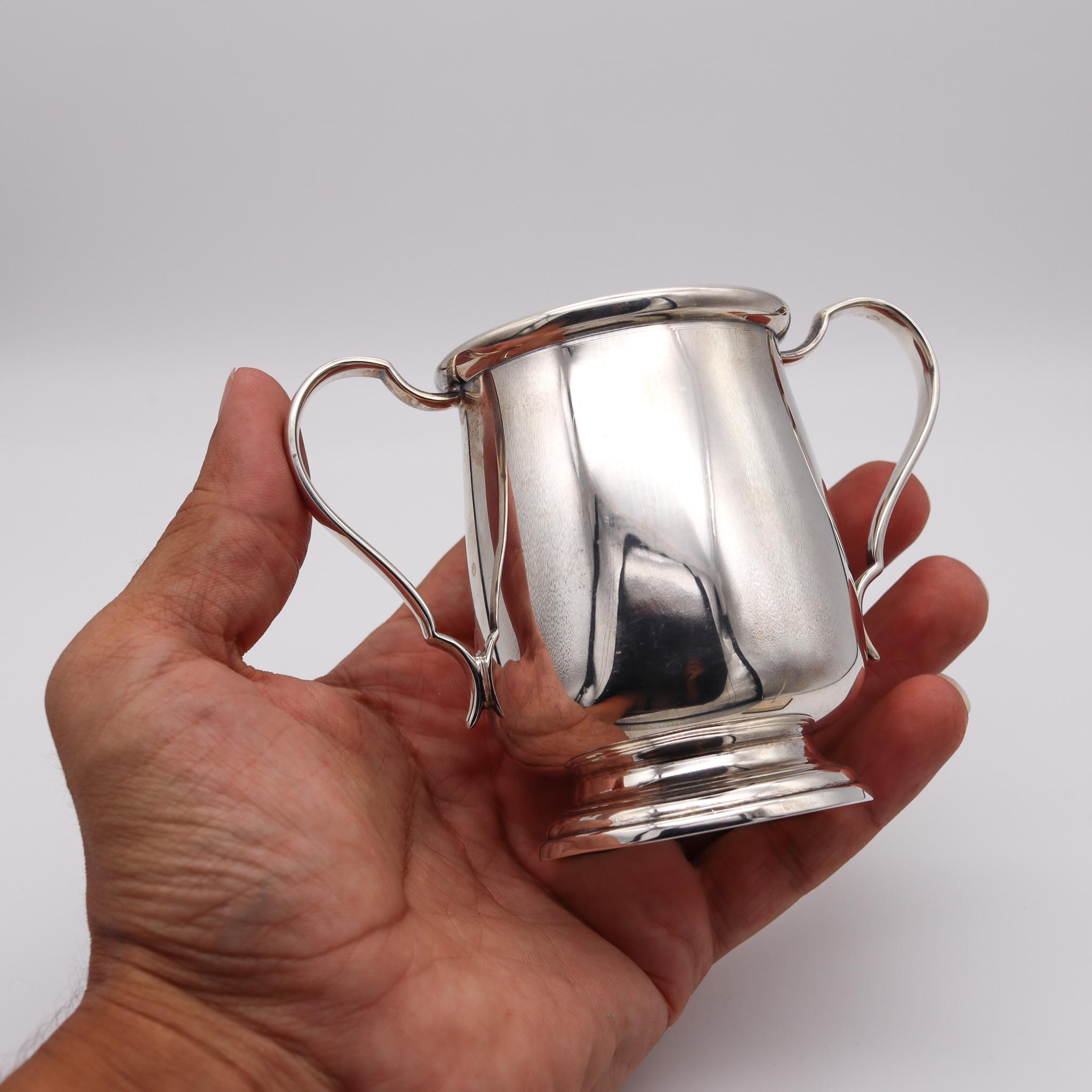 A sterling silver cup designed by Buccellati.

Vintage double handles cup, created in Milan Italy by the house of Buccellati. This beautiful piece has been crafted with classical patterns in solid .925/.999 sterling silver with very high polished