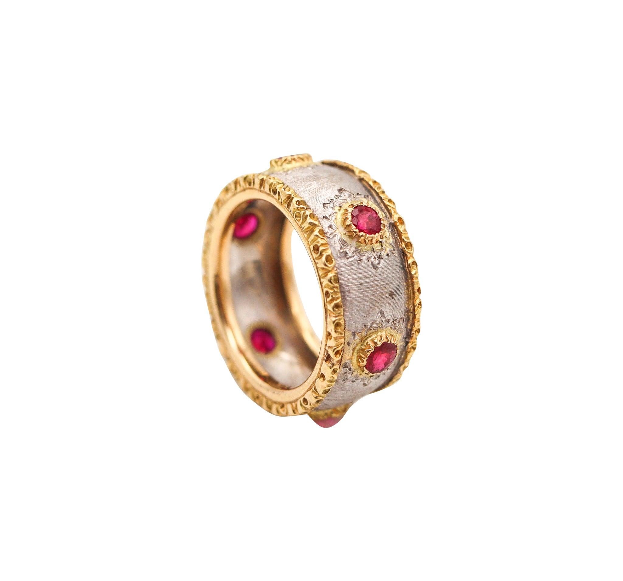 Round Cut BUCCELLATI Milano Eternity Band Ring In Two Tones 18Kt Gold & Vivid Red Rubies