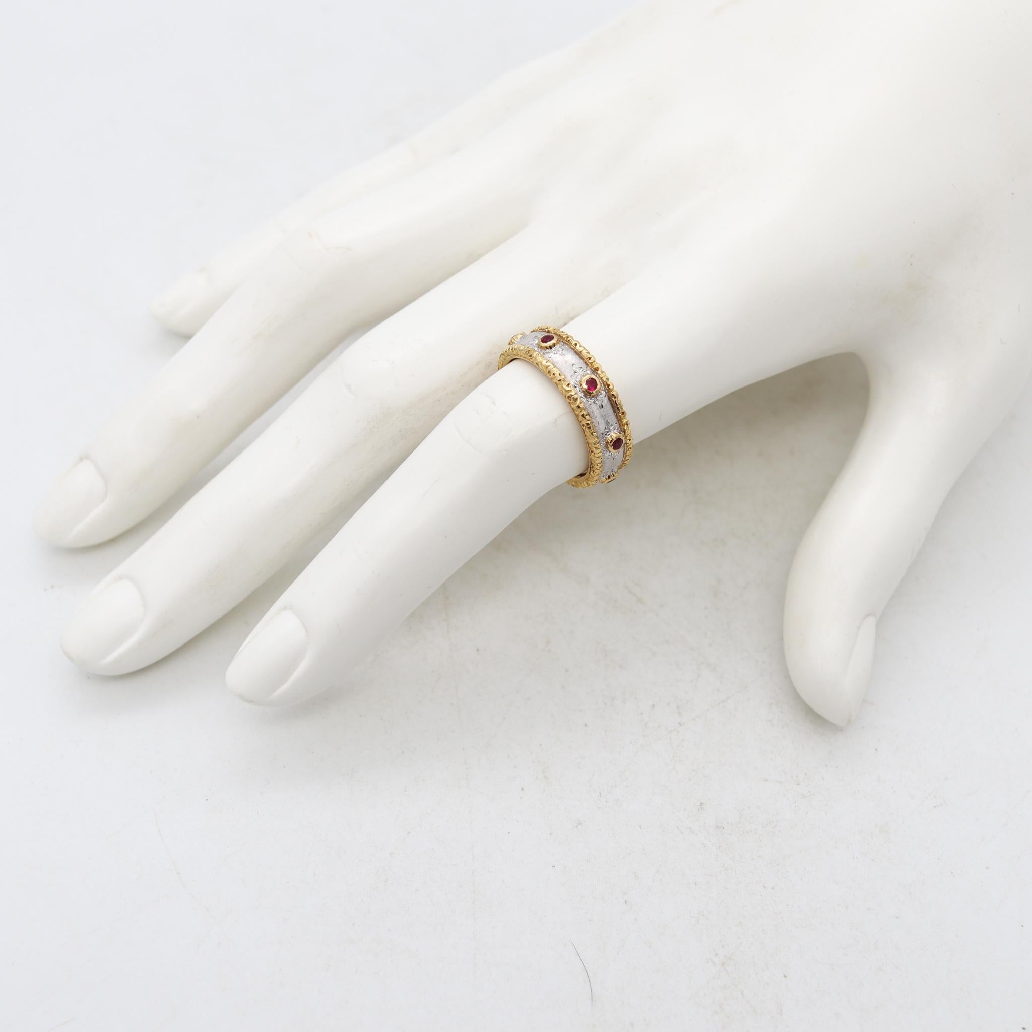 Jeweled eternity ring designed by Buccellati.

Beautiful piece, made in Milan Italy, by the famous house of Buccellati. This gem-set eternity band ring was carefully crafted in two tones of yellow and white gold of solid 18 karats. Embellished with