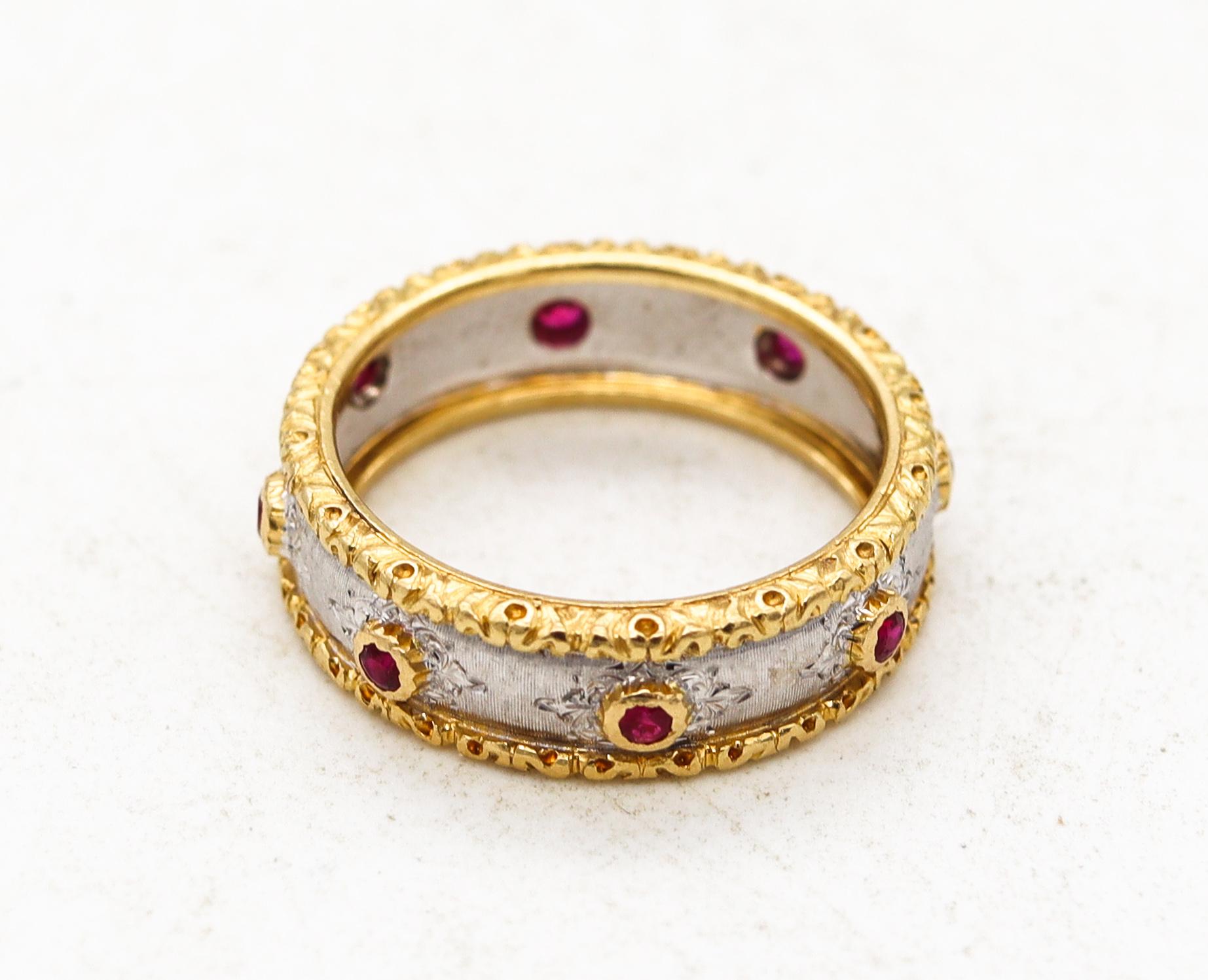 Round Cut Buccellati Milano Eternity Band Ring in Two Tones of 18Kt Gold Vivid Red Rubies