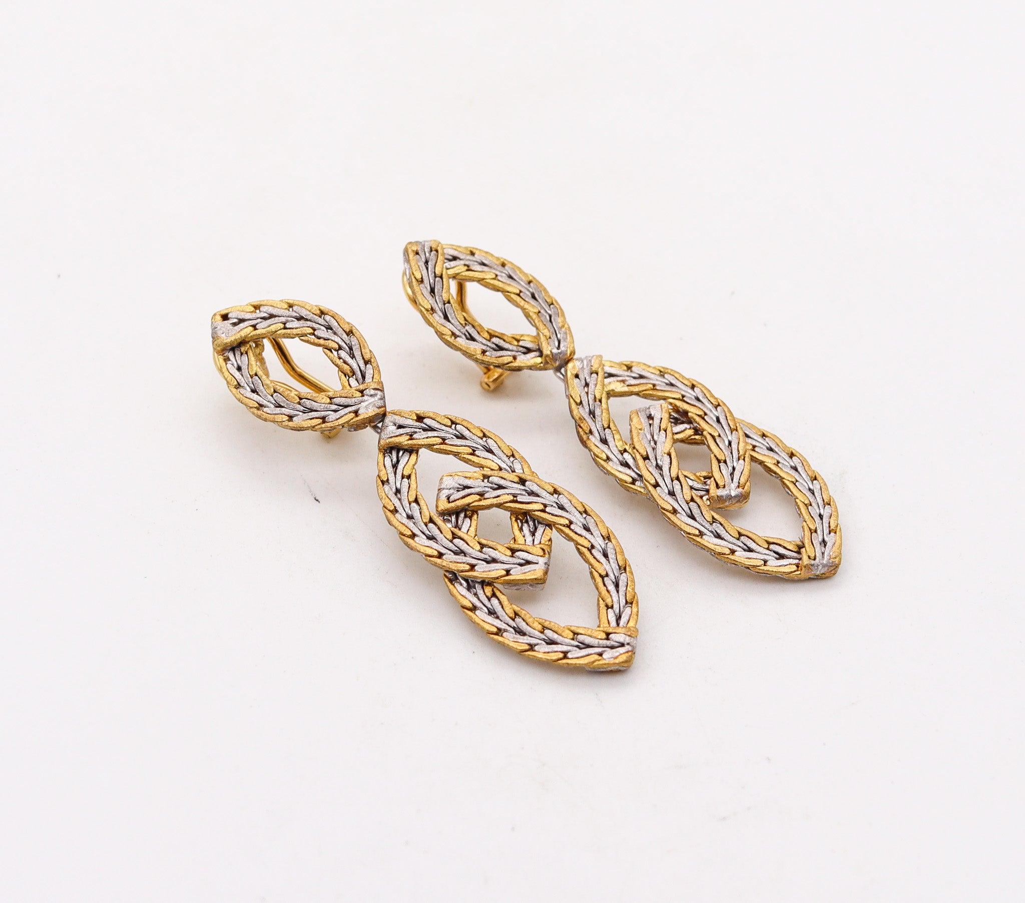 Modernist BUCCELLATI Milano Large Dangle Drop Earrings Two Tones Woven 18Kt Gold For Sale