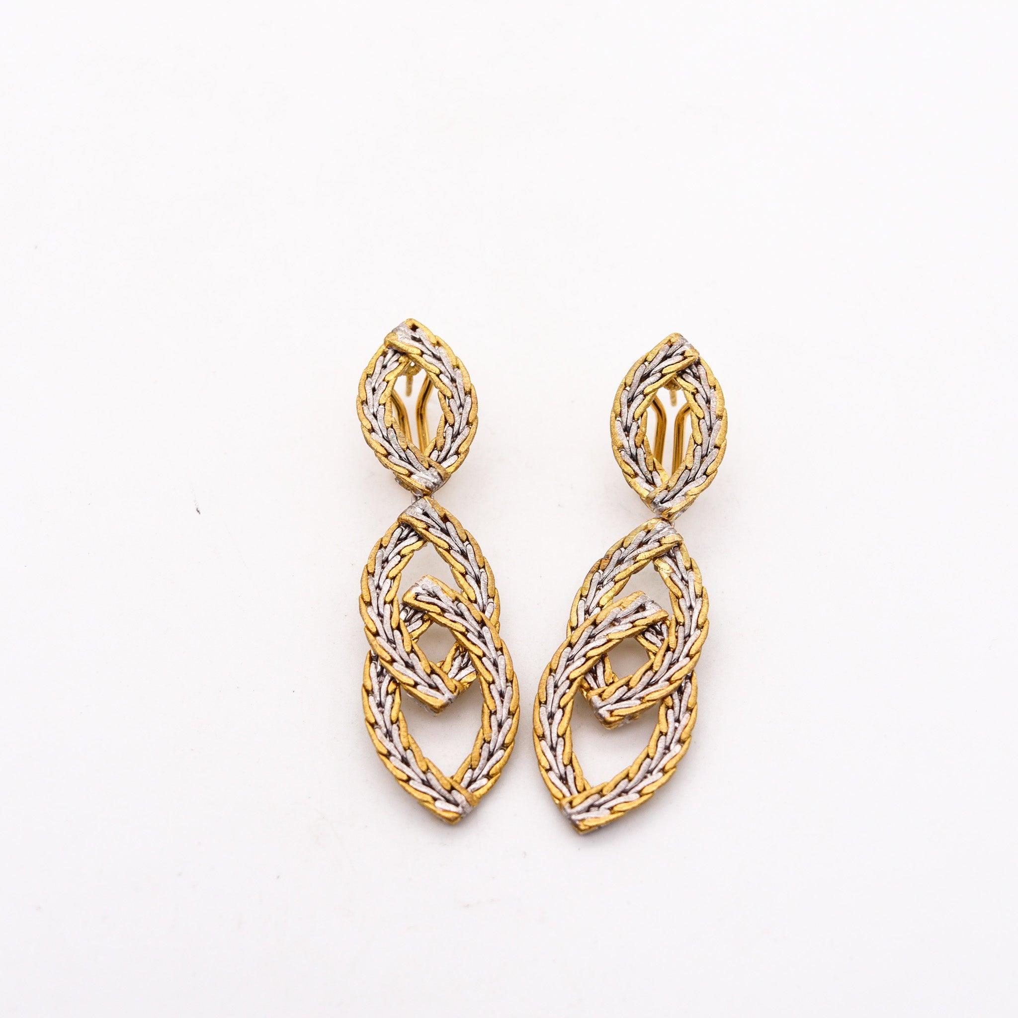 BUCCELLATI Milano Large Dangle Drop Earrings Two Tones Woven 18Kt Gold In Excellent Condition For Sale In Miami, FL