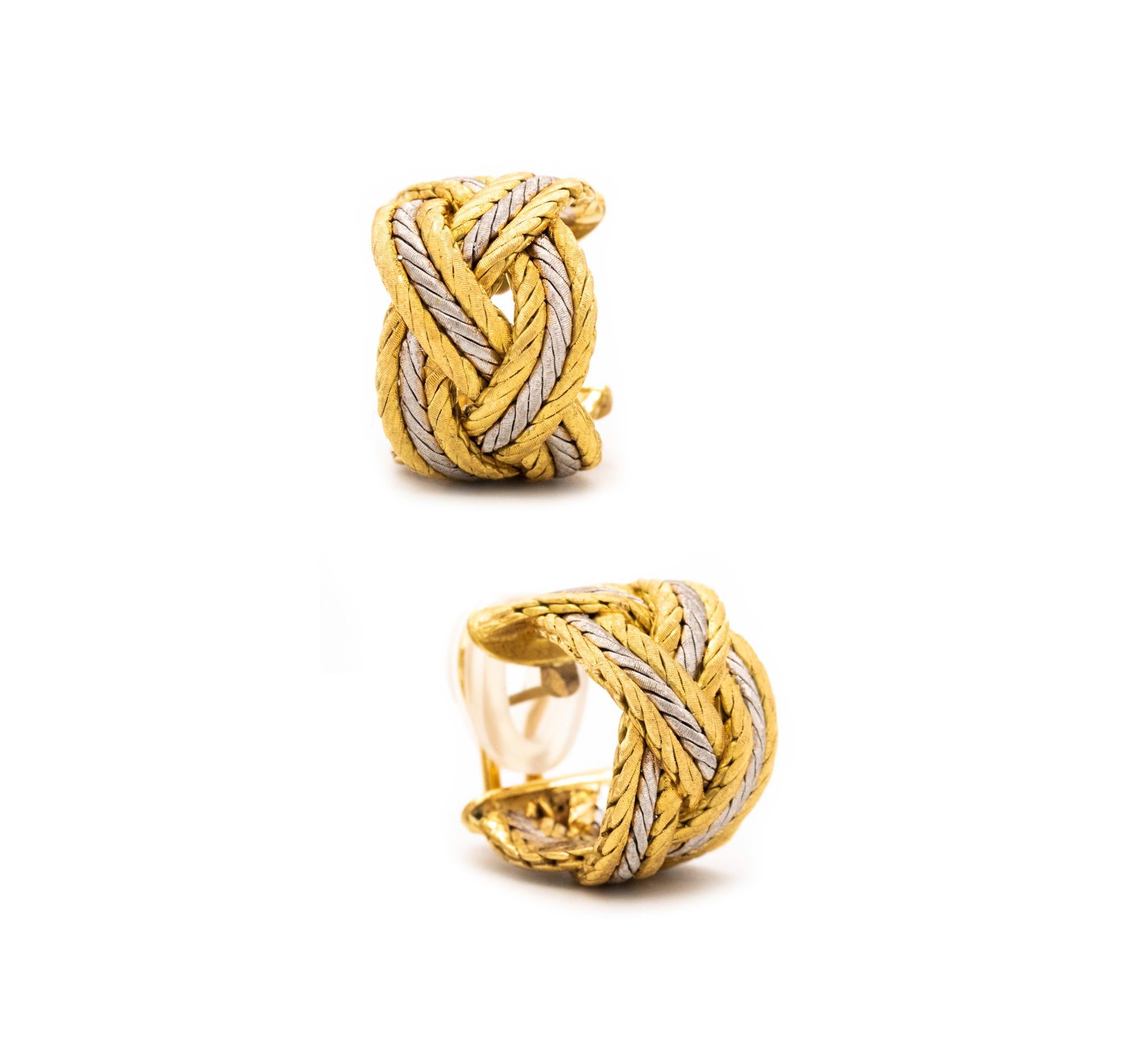 Modernist Buccellati Milano Large Hoops Earrings in Woven Textured 18Kt Yellow White Gold