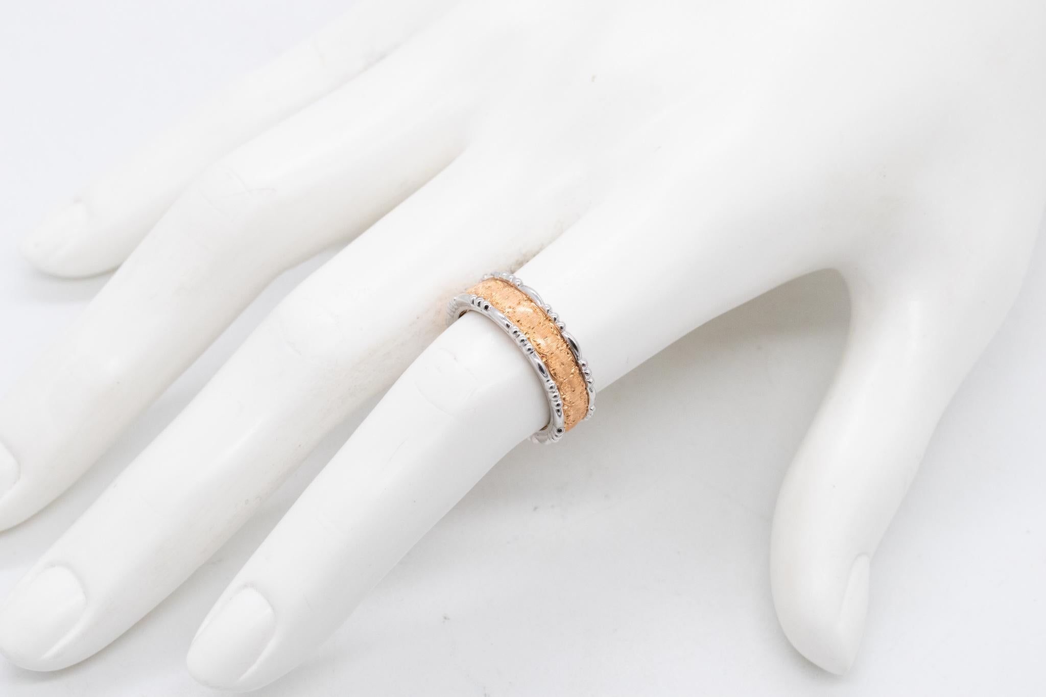 A limited edition ring designed by Buccellati.

Beautiful piece from a limited edition from the house of Buccellati. Crafted in Milano, Italy, with intricate details in solid 18 karats of textured brushed rose gold with both sides in white gold. The