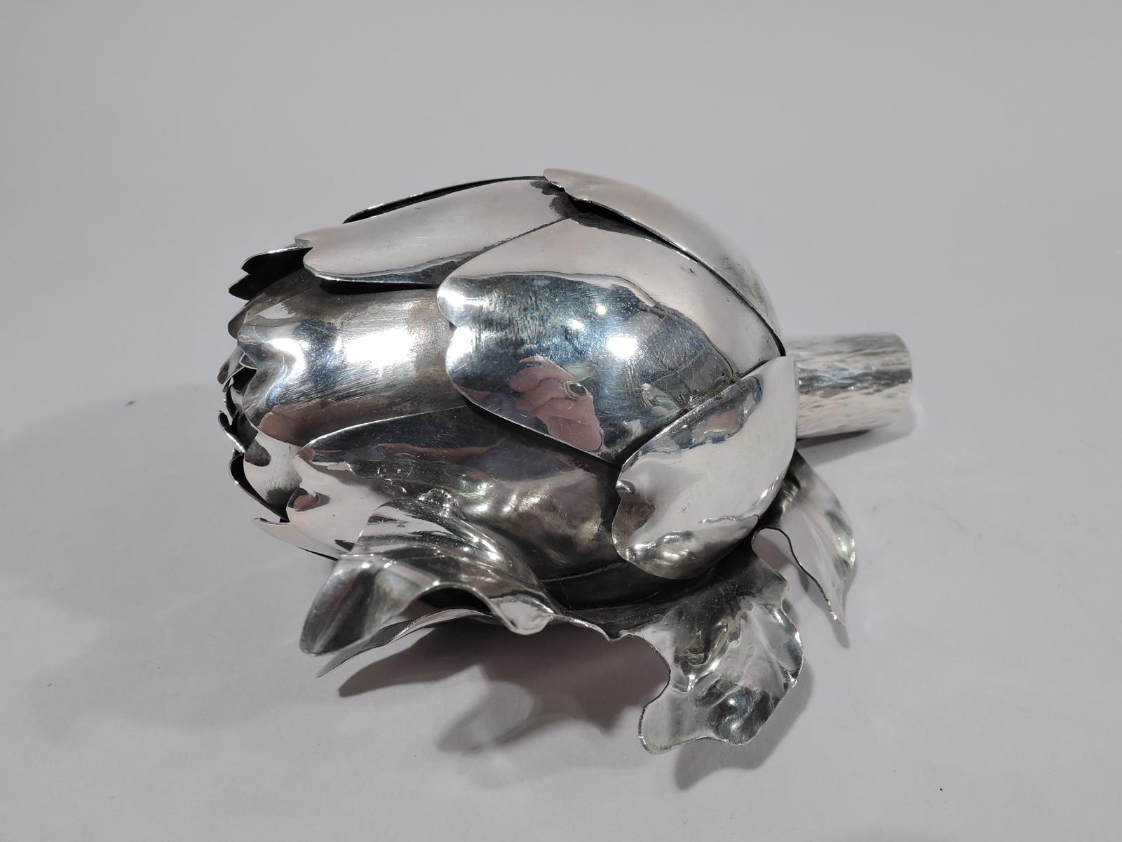 Mid-Century Modern 800 silver lighter. Made by Buccellati in Italy. In form of artichoke with ready-to-peal petals, leaves and woody stem. A realistic vegetable by a maker with a reputation for figural wares. Detachable hardware. Fully marked.