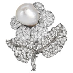 Buccellati  Natural Pearl Diamond 18K Gold Flower Vintage Brooch Pin