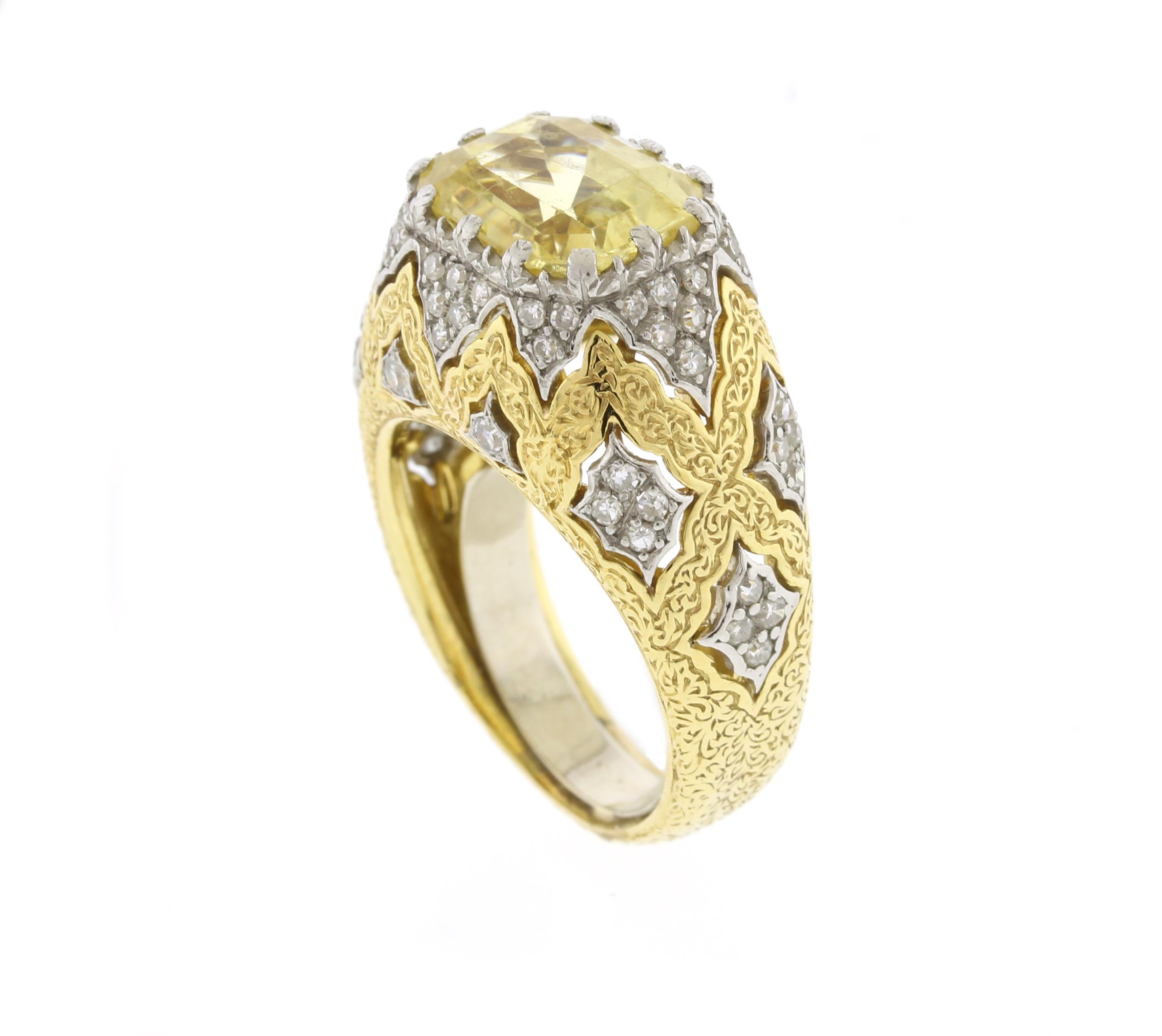 Emerald Cut Buccellati Natural Yellow Sapphire and Diamond Ring