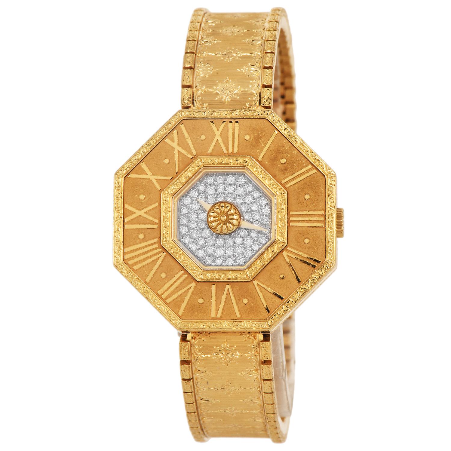 Buccellati is the most exclusive luxury jewelry brand with one-of-a-kind jewelry creations. This Oktachron masterpiece is an example of this perfection.

The exquisite limited edition gold watch is finely crafted in 18k yellow gold with an 18k gold