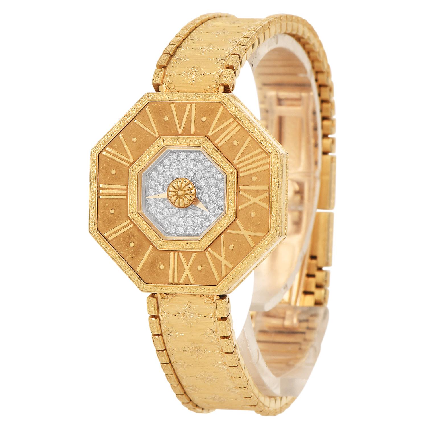Buccellati Oktachron Diamond Dial 18k Yellow Gold Quartz Watch In Excellent Condition In Miami, FL