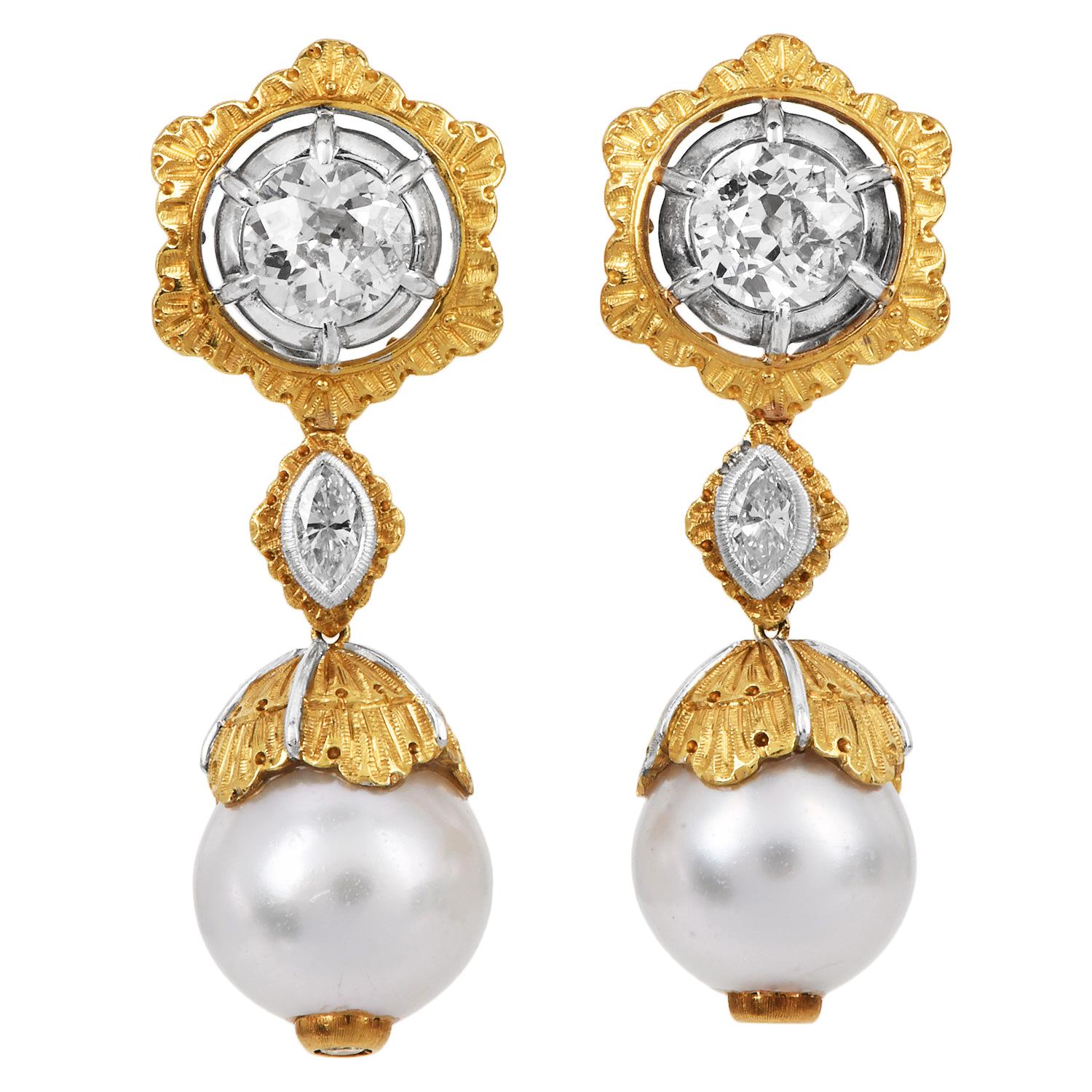 Buccellati masterpiece, these vintage 18K yellow and white gold day-to-night dangle earrings showcase the brand’s signature hand-engraved floral details and masterful craftsmanship. Featuring 2.50 carats in total  of two old mine-cut diamonds