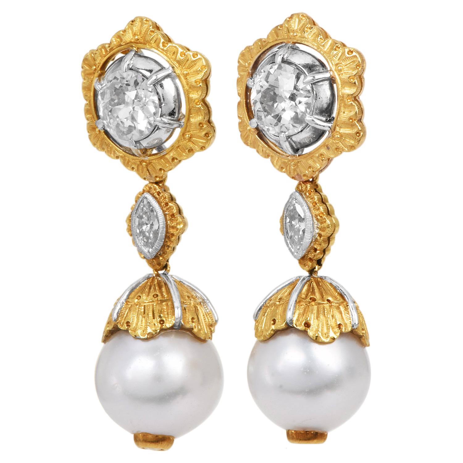 Retro Buccellati Old Mine Cut Diamond & Pearl 18K Gold Drop Day Night Earrings For Sale