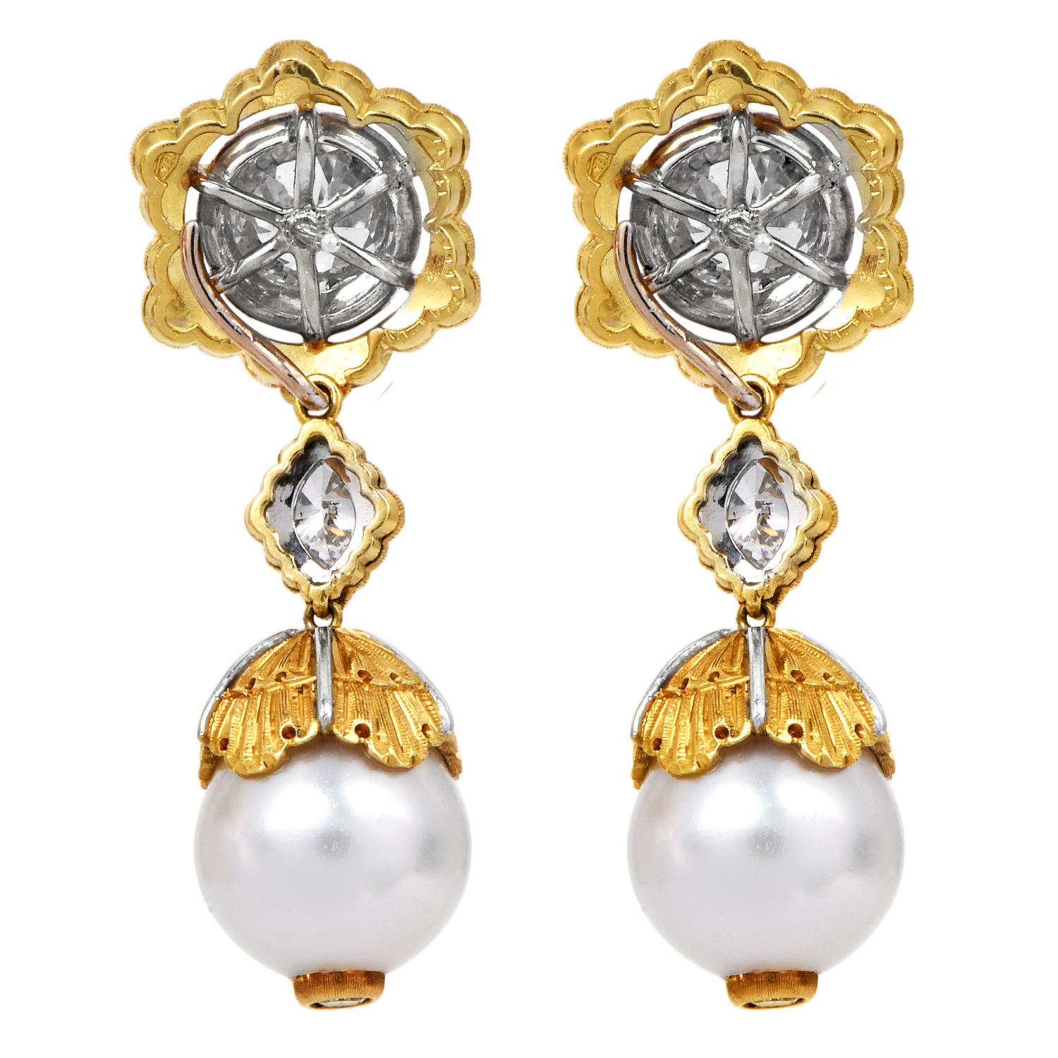 Buccellati Old Mine Cut Diamond & Pearl 18K Gold Drop Day Night Earrings In Excellent Condition For Sale In Miami, FL