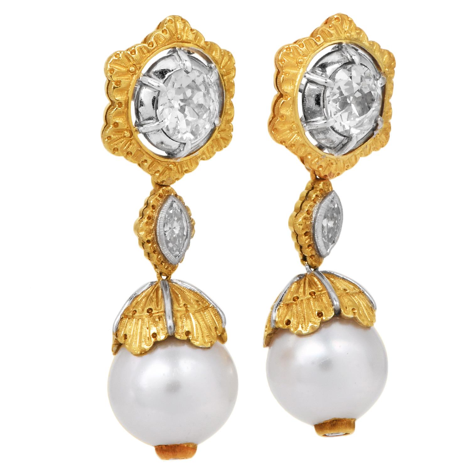 Women's Buccellati Old Mine Cut Diamond & Pearl 18K Gold Drop Day Night Earrings For Sale