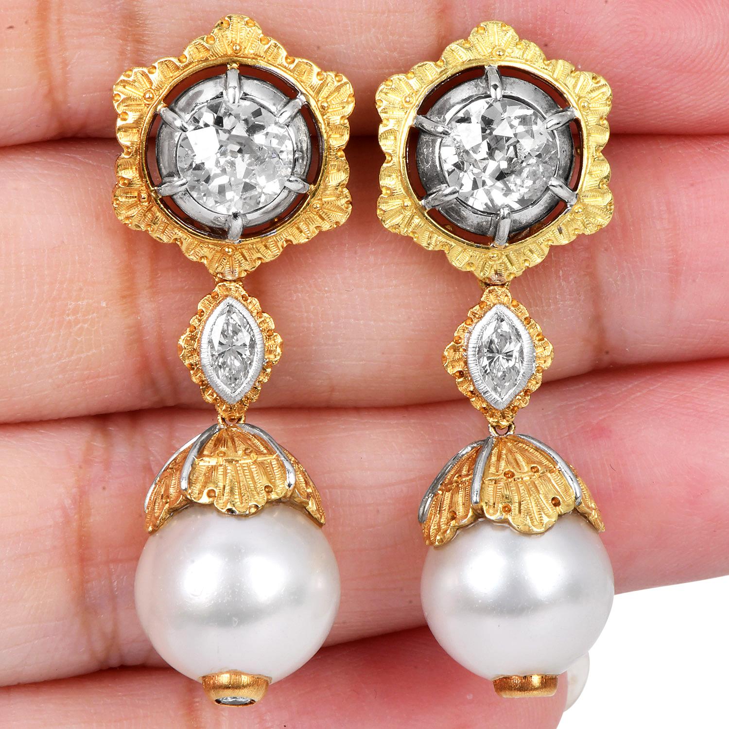 Buccellati Old Mine Cut Diamond & Pearl 18K Gold Drop Day Night Earrings For Sale 1