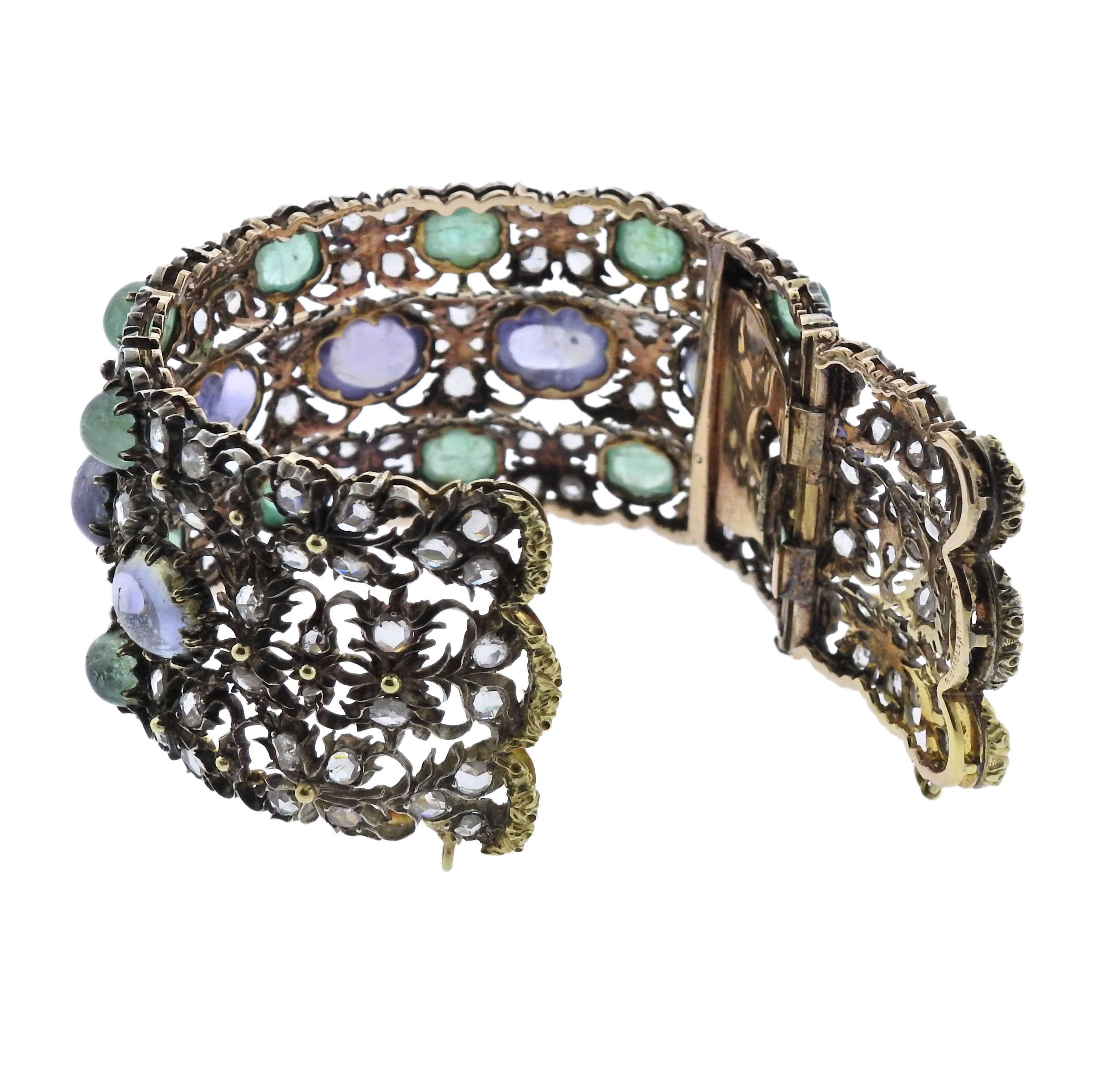Women's Buccellati One of a Kind Sapphire Emerald Diamond Gold Bracelet