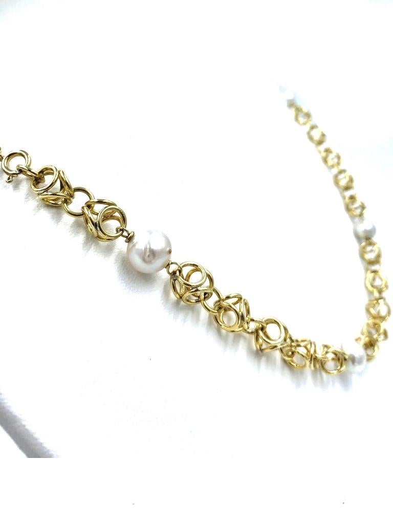 Round Cut Buccellati Open Circle Ball Link and Pearl Necklace Solid 18 Karat Yellow Gold For Sale