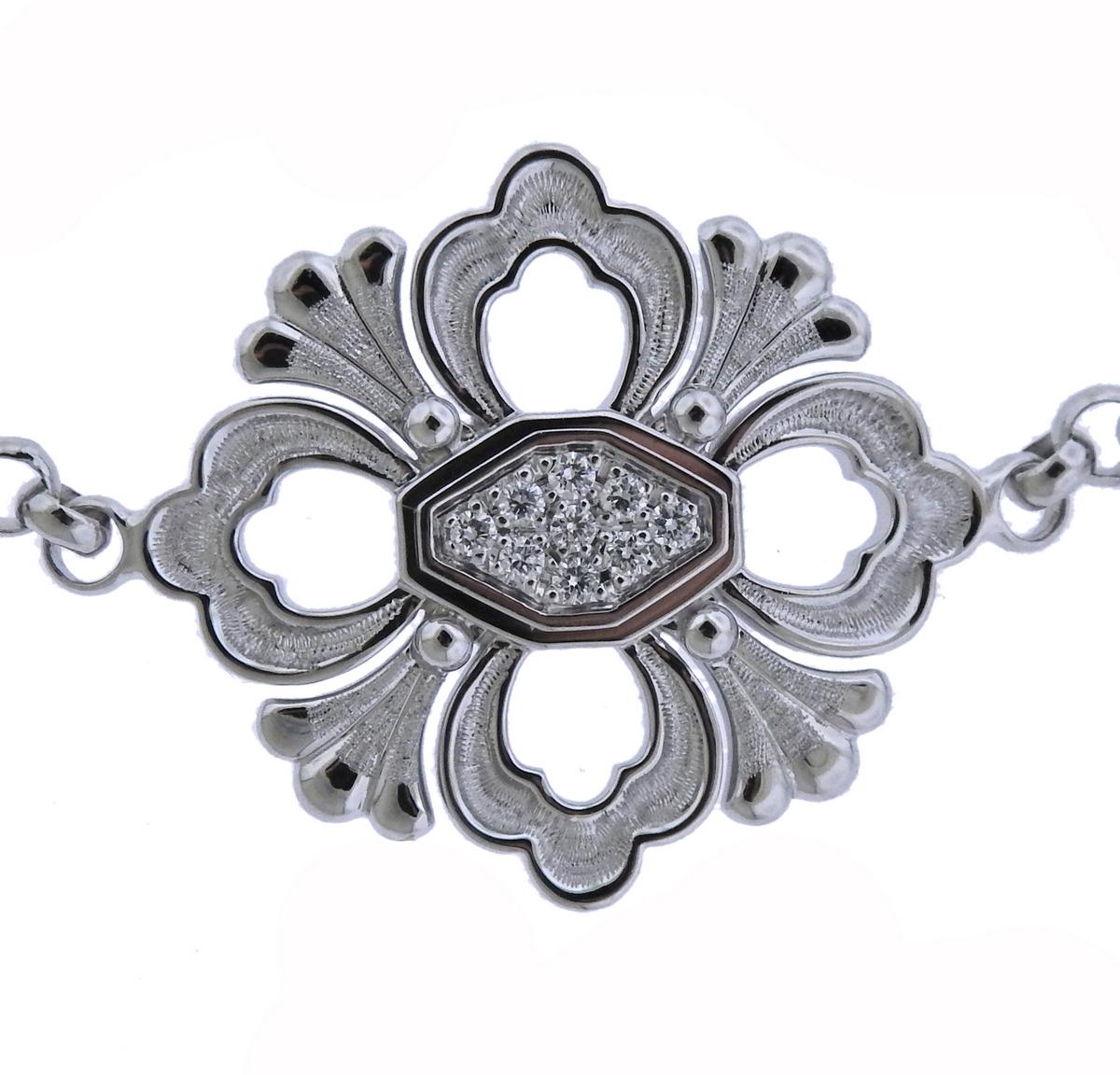 Delicate 18k white gold Opera bracelet, crafted by Buccellati, adorned with approx. 0.13ctw in diamonds. Retail $7400. Bracelet is 6.75