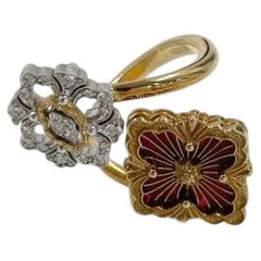 Buccellati Opera Tulle 18K Gold Red Enamel Diamond Double Flower Ring Size 51