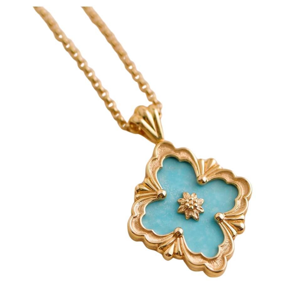 Buccellati Opera Tulle Turquoise Limited Edition Big Motif 18K Yellow Gold Penda For Sale