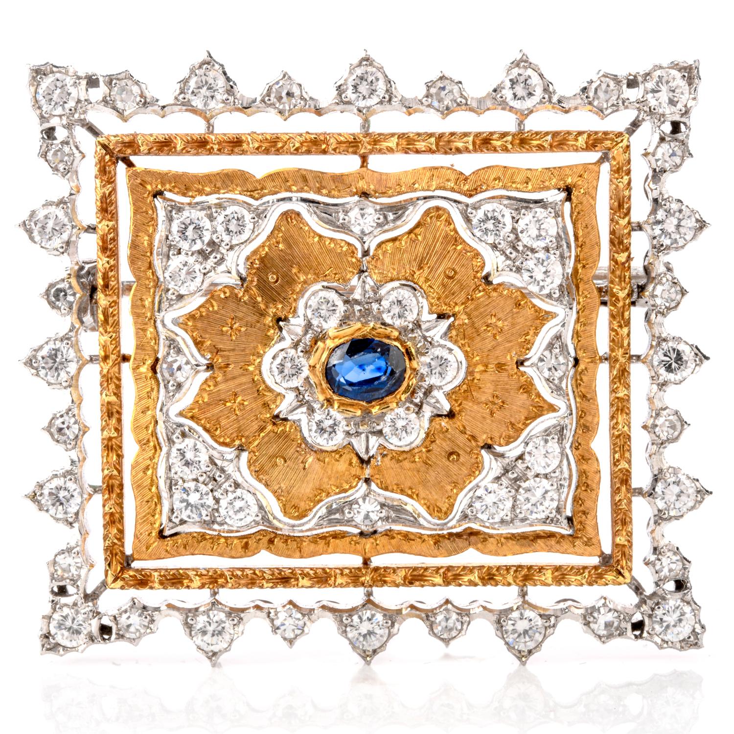 Opulent and Sophisticated describe this Extraordinary square Buccellati Diamond and Sapphire Brooch.

This piece was crafted in 11.8 Grams of Luxurious 18K Gold. Measuring appx. 1 1/8 x 1 1/4 Inch,  this brooch features 1 oval genuine Blue Sapphire