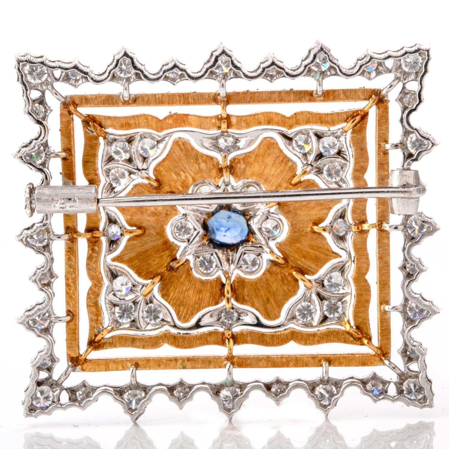 Round Cut Buccellati Opulent Diamond Sapphire 18 Karat Square Brooch