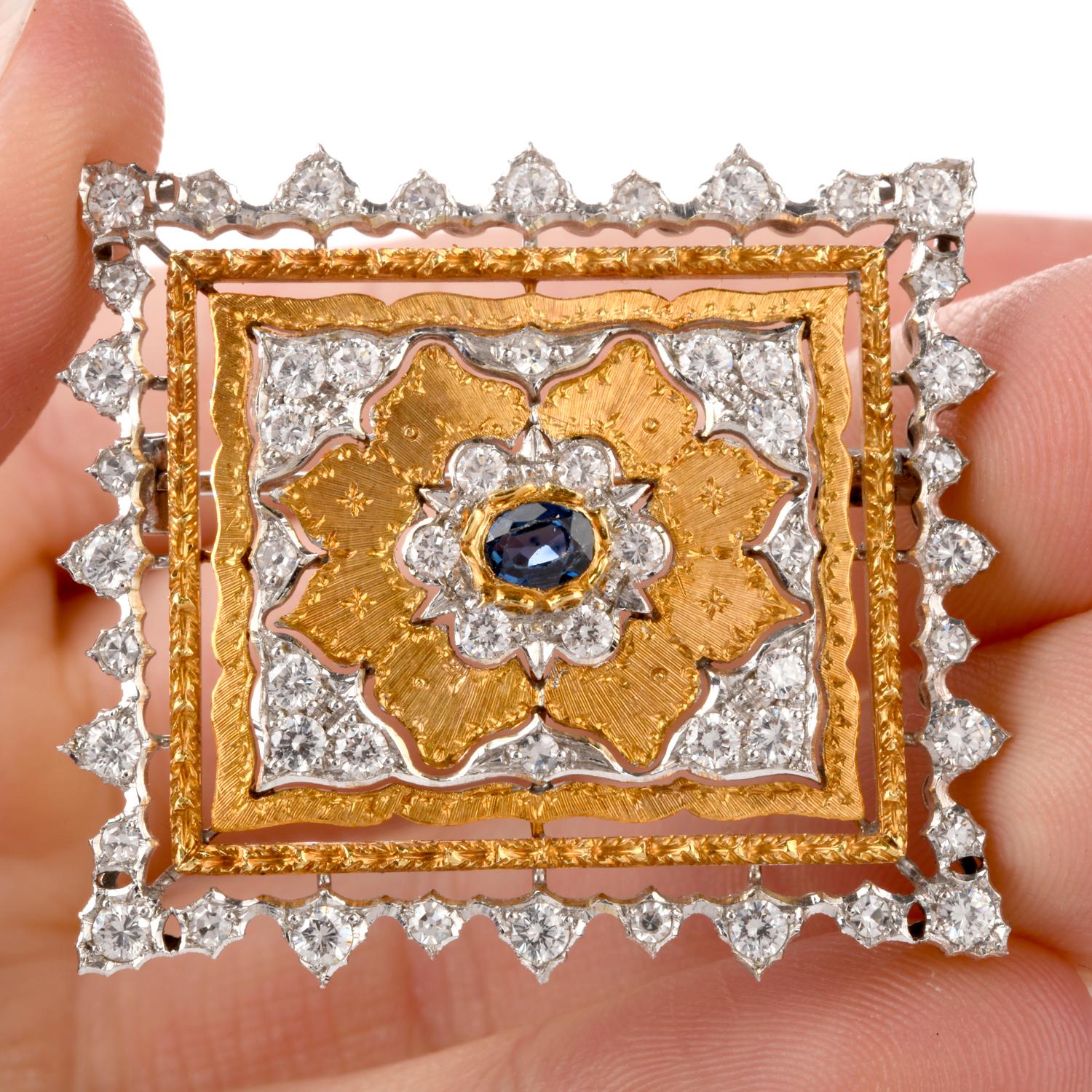 Buccellati Opulent Diamond Sapphire 18 Karat Square Brooch 1