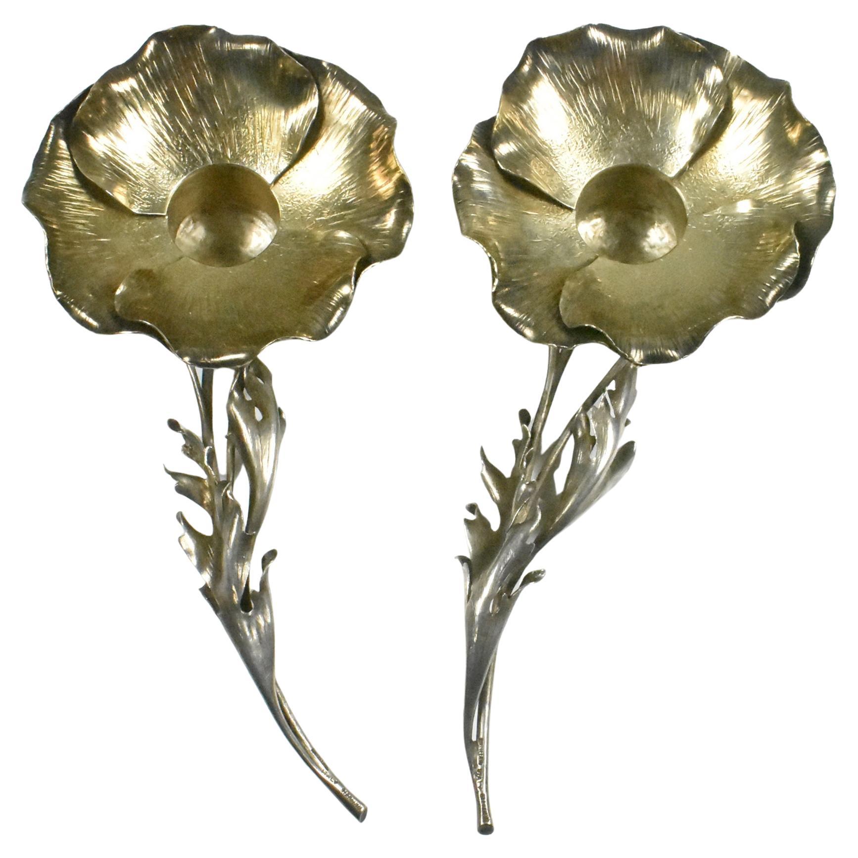 Buccellati Pair of Poppy Flower Sterling Candlestick Holders For Sale