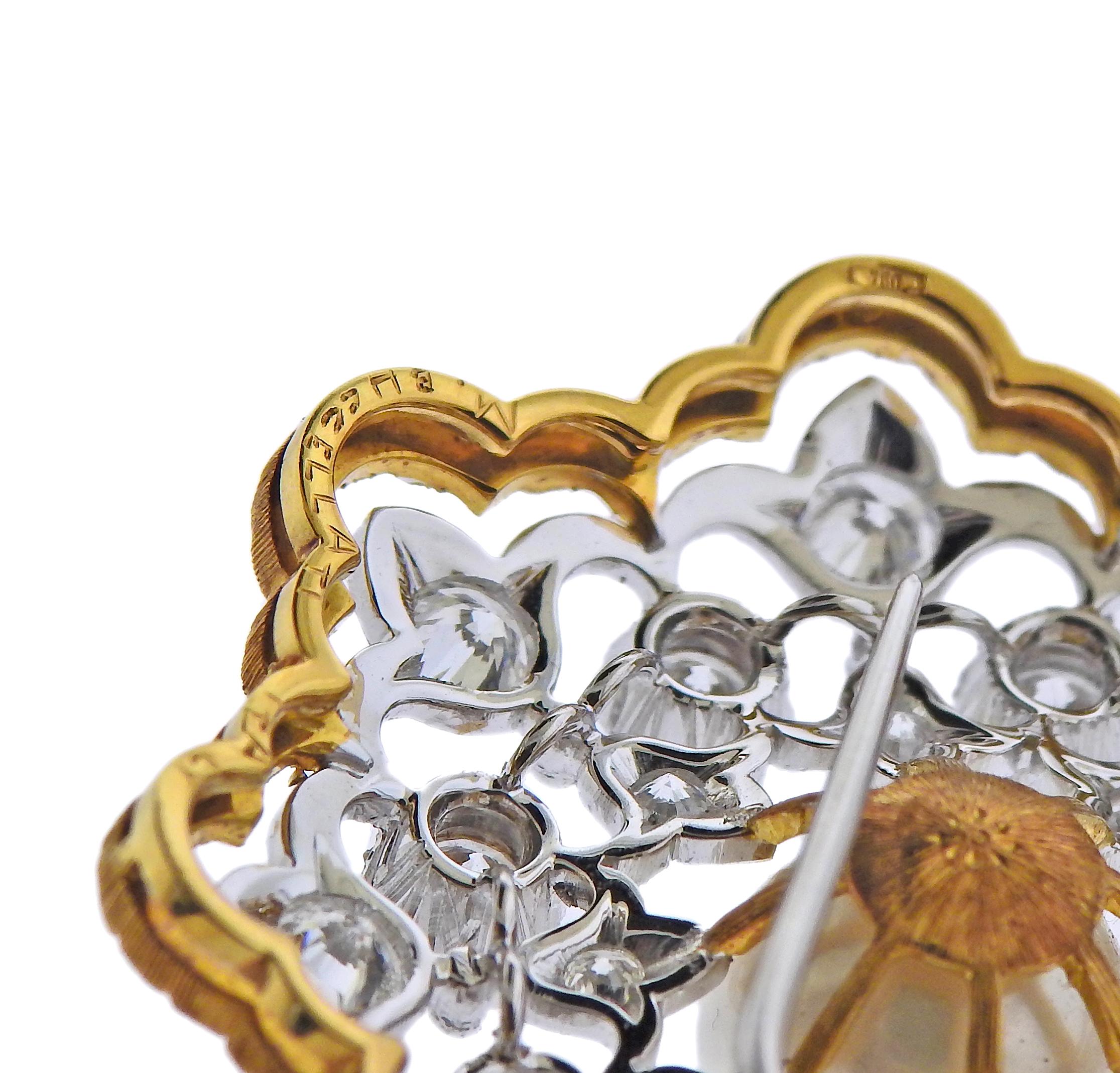 Round Cut Buccellati Pearl Diamond Gold Brooch For Sale