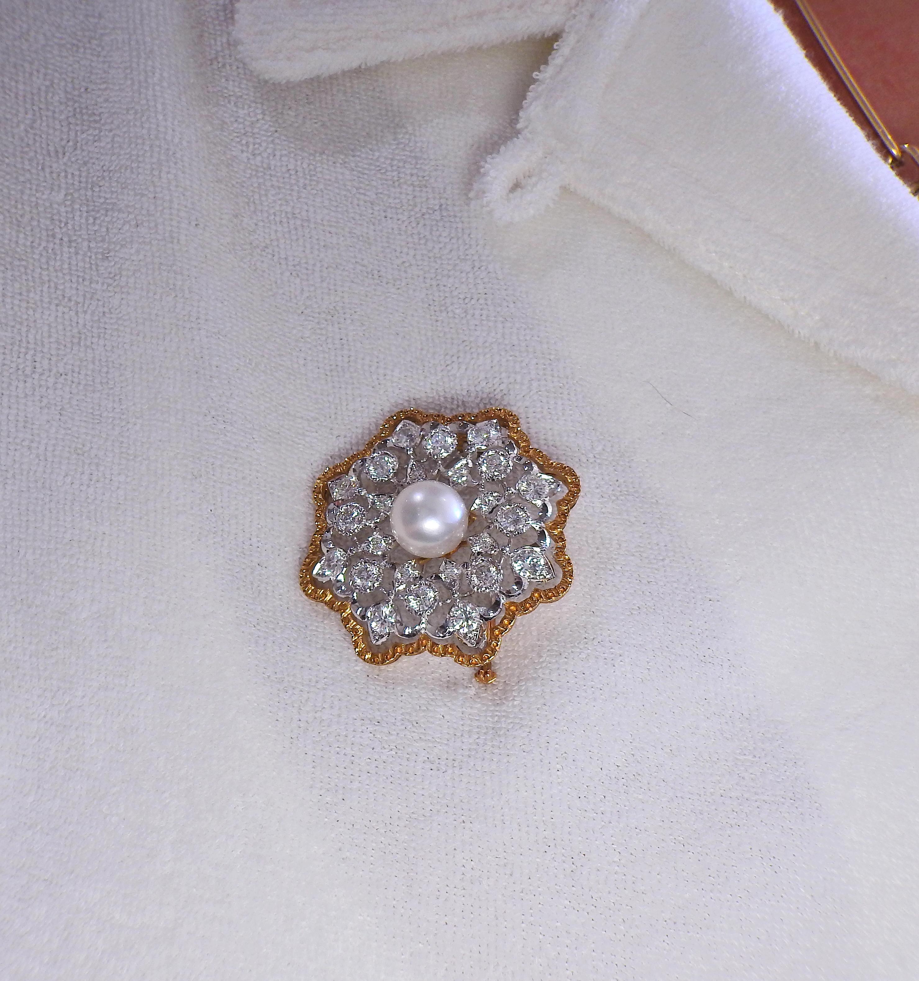 Buccellati Pearl Diamond Gold Brooch In Excellent Condition For Sale In Lambertville, NJ