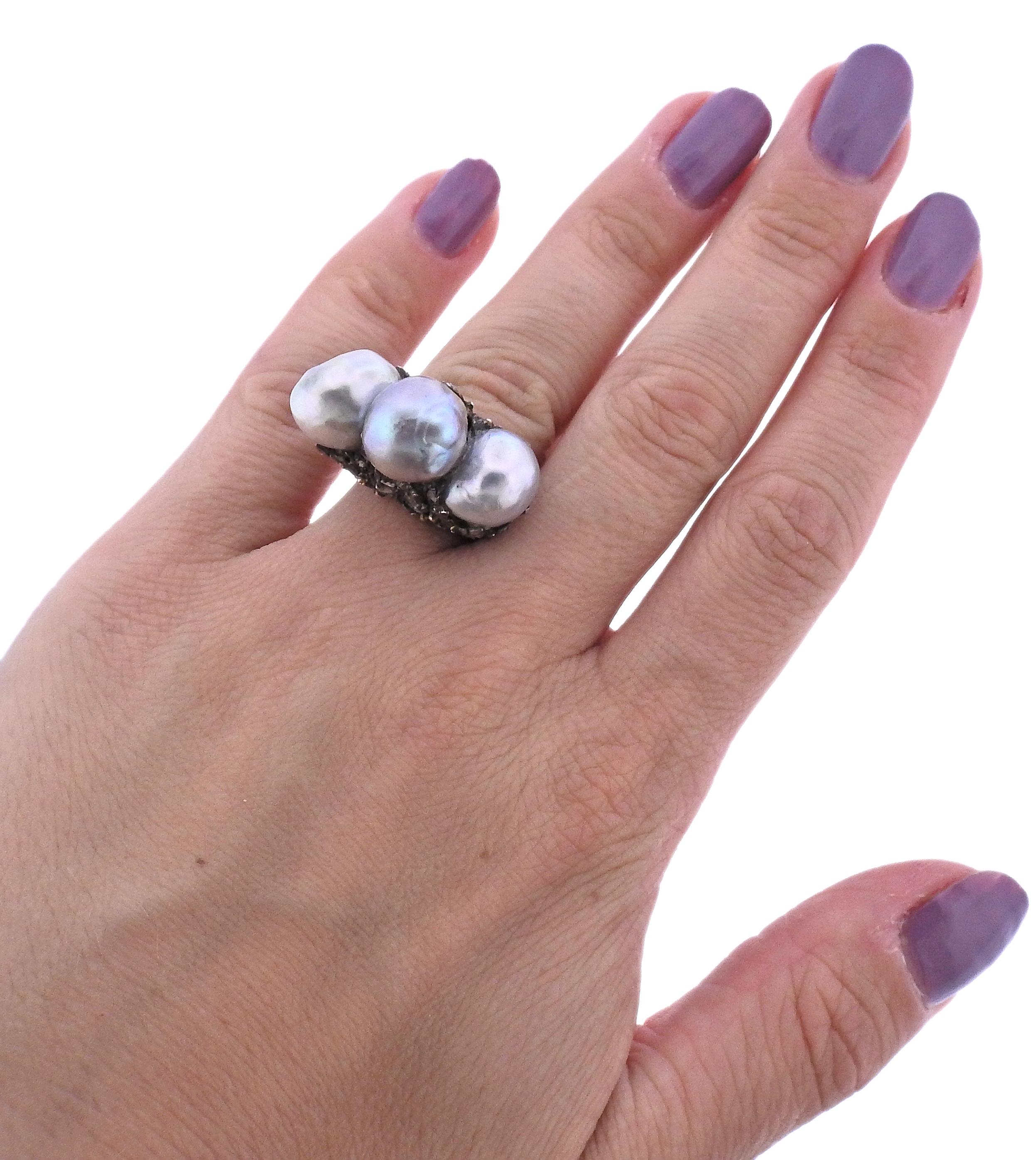 Women's Buccellati Pearl Diamond Gold Silver Cocktail Ring