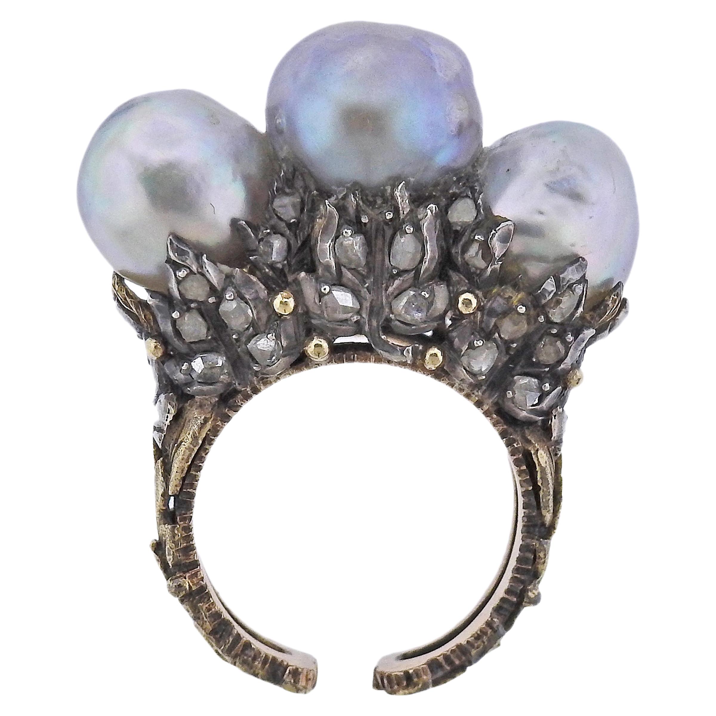 Buccellati Pearl Diamond Gold Silver Cocktail Ring