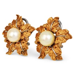 Buccellati Pearl Leaf 18K Yellow & White Gold Clip On Earrings