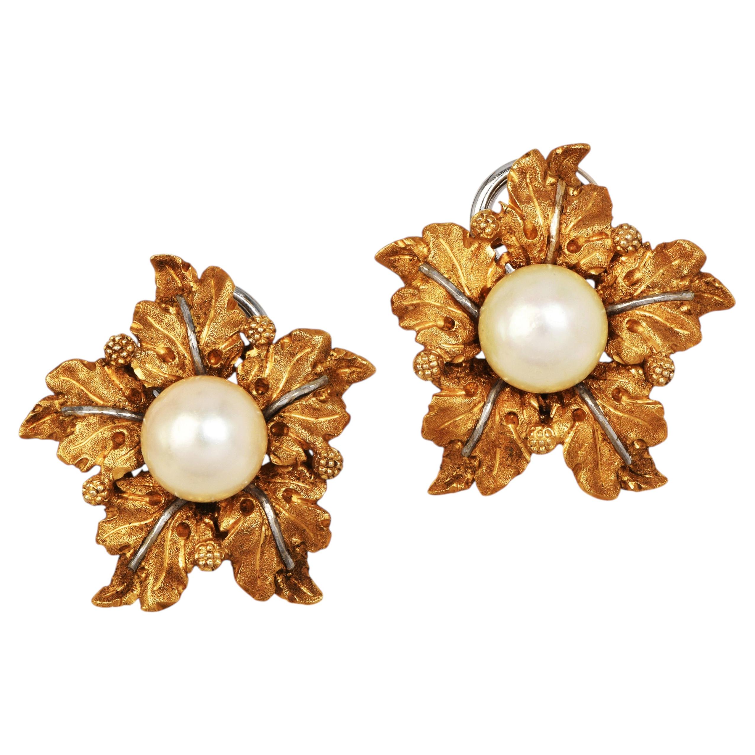 Pre-owned Buccellati Pearl Leaf 18k Yellow & White Gold Clip On Earrings