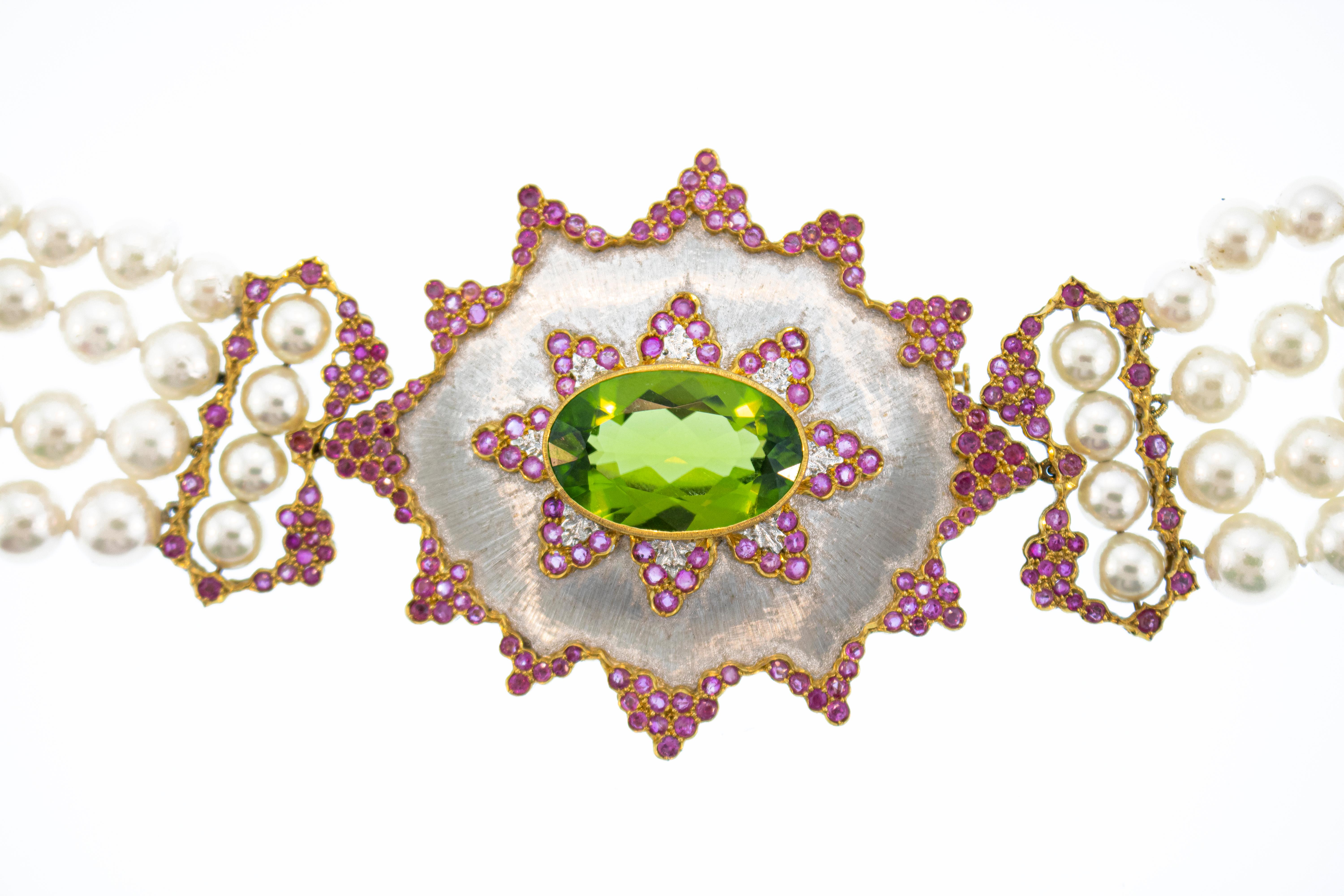 Modern Buccellati Pearl Pink Sapphire Peridot Necklace with Detachable Brooch