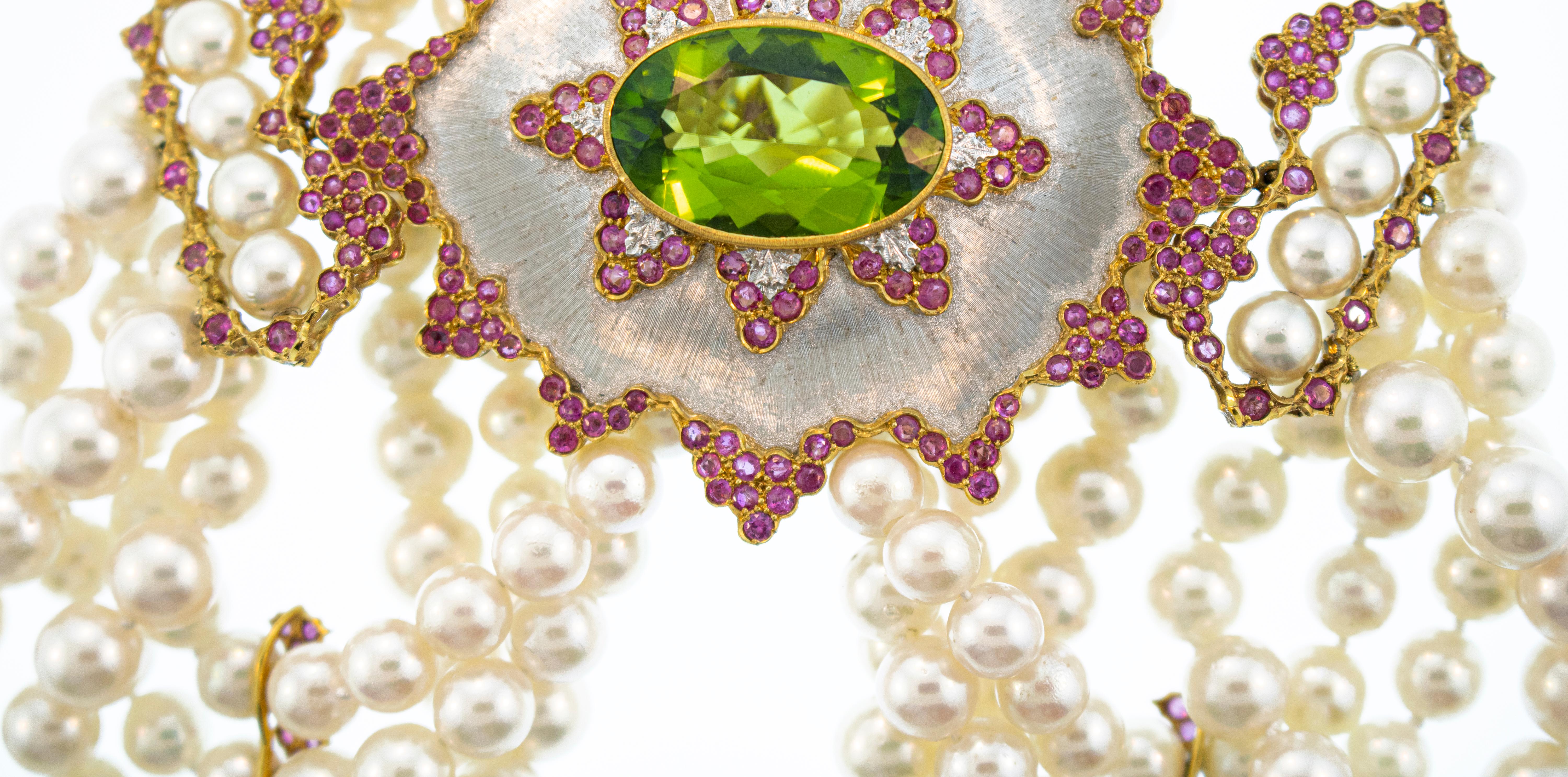 Women's or Men's Buccellati Pearl Pink Sapphire Peridot Necklace with Detachable Brooch