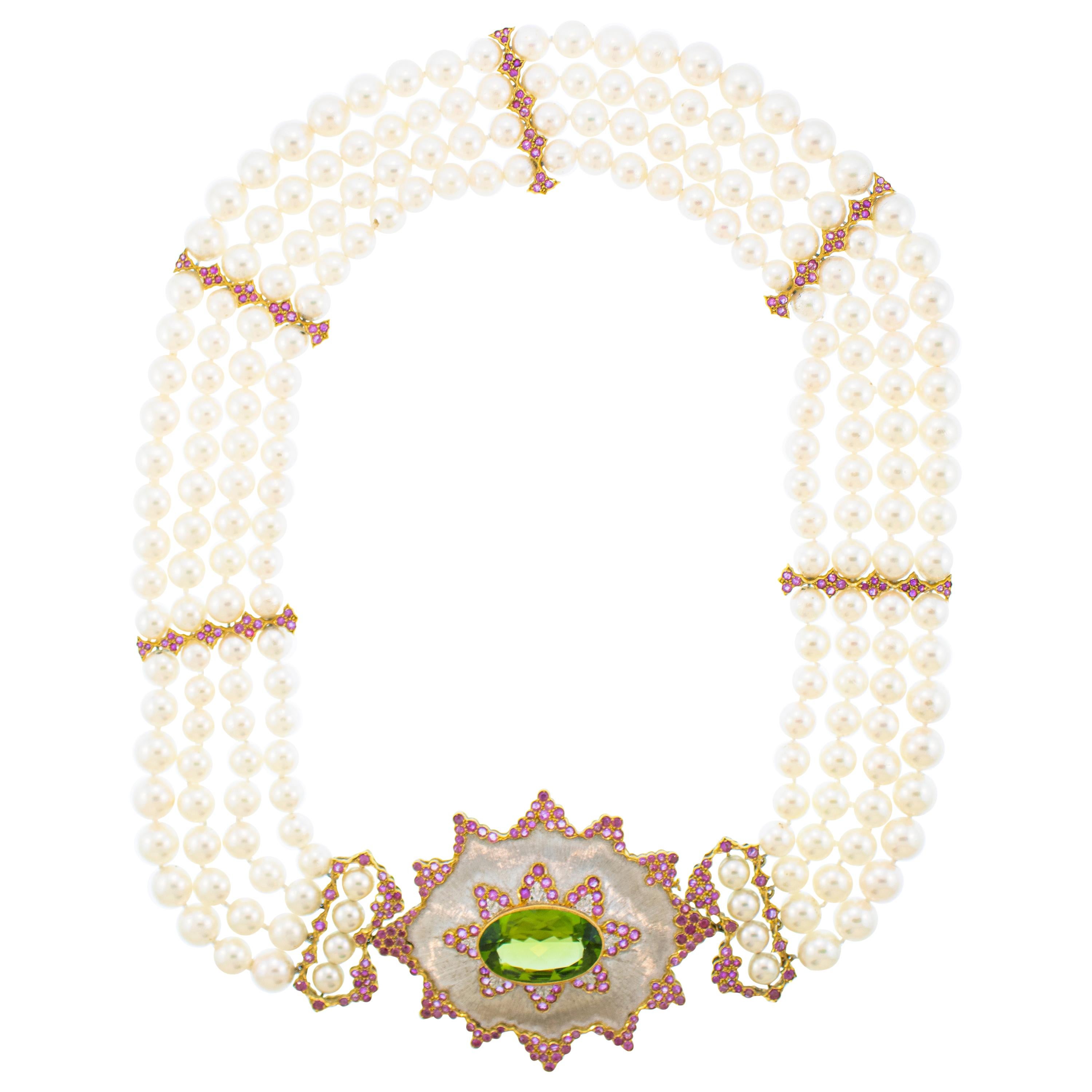 Buccellati Pearl Pink Sapphire Peridot Necklace with Detachable Brooch