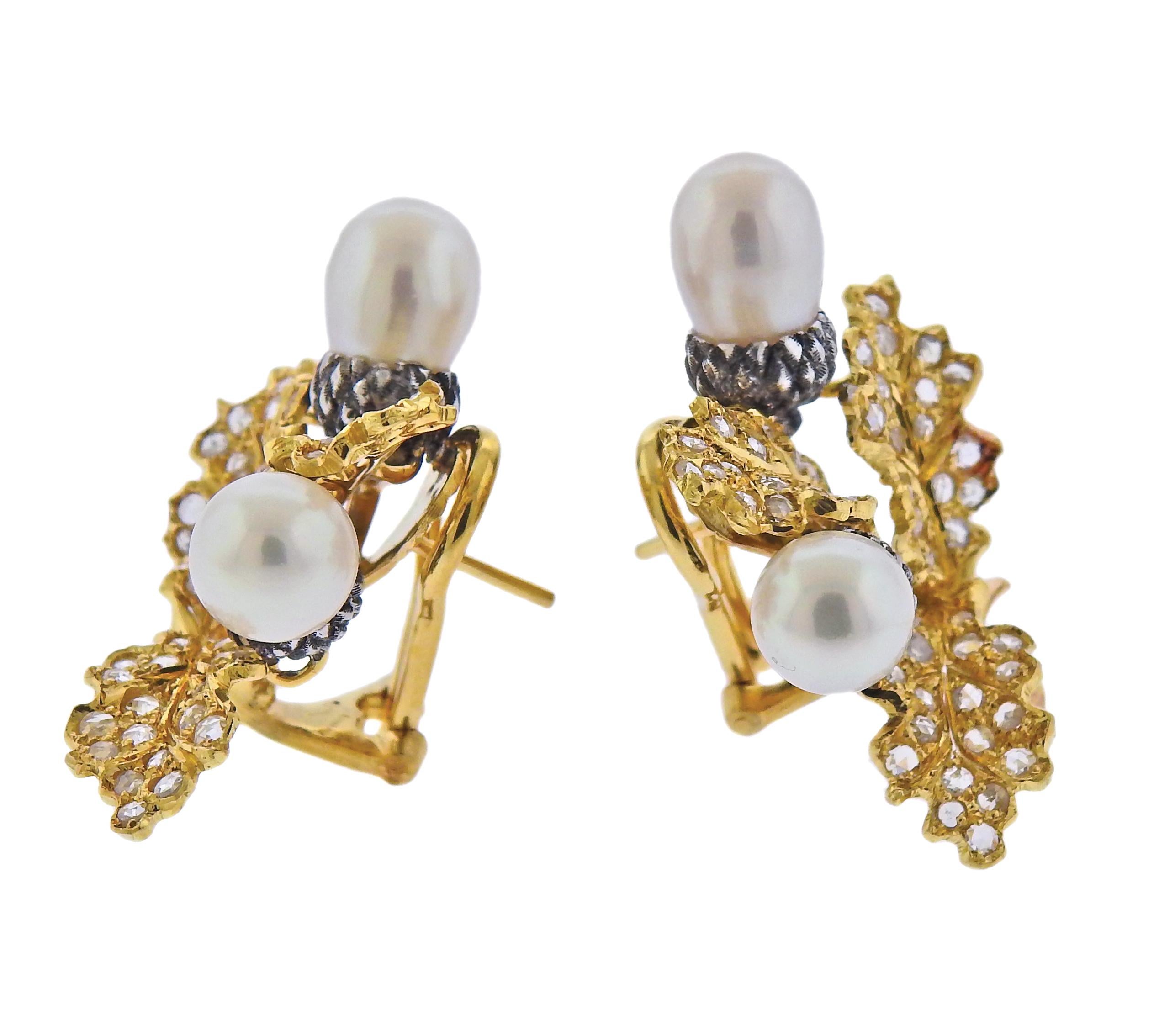 Pair of Buccellati 18k gold leaf motif earrings, set with Biwa pearls and approx. 1.14ctw in rose cut diamonds. Come with Buccellati paperwork. Retail $23900. Earrings are 30mm x 30mm.  Weight - 17.5 grams. Marked: Gianmaria Buccellati, Italy, 18kt,