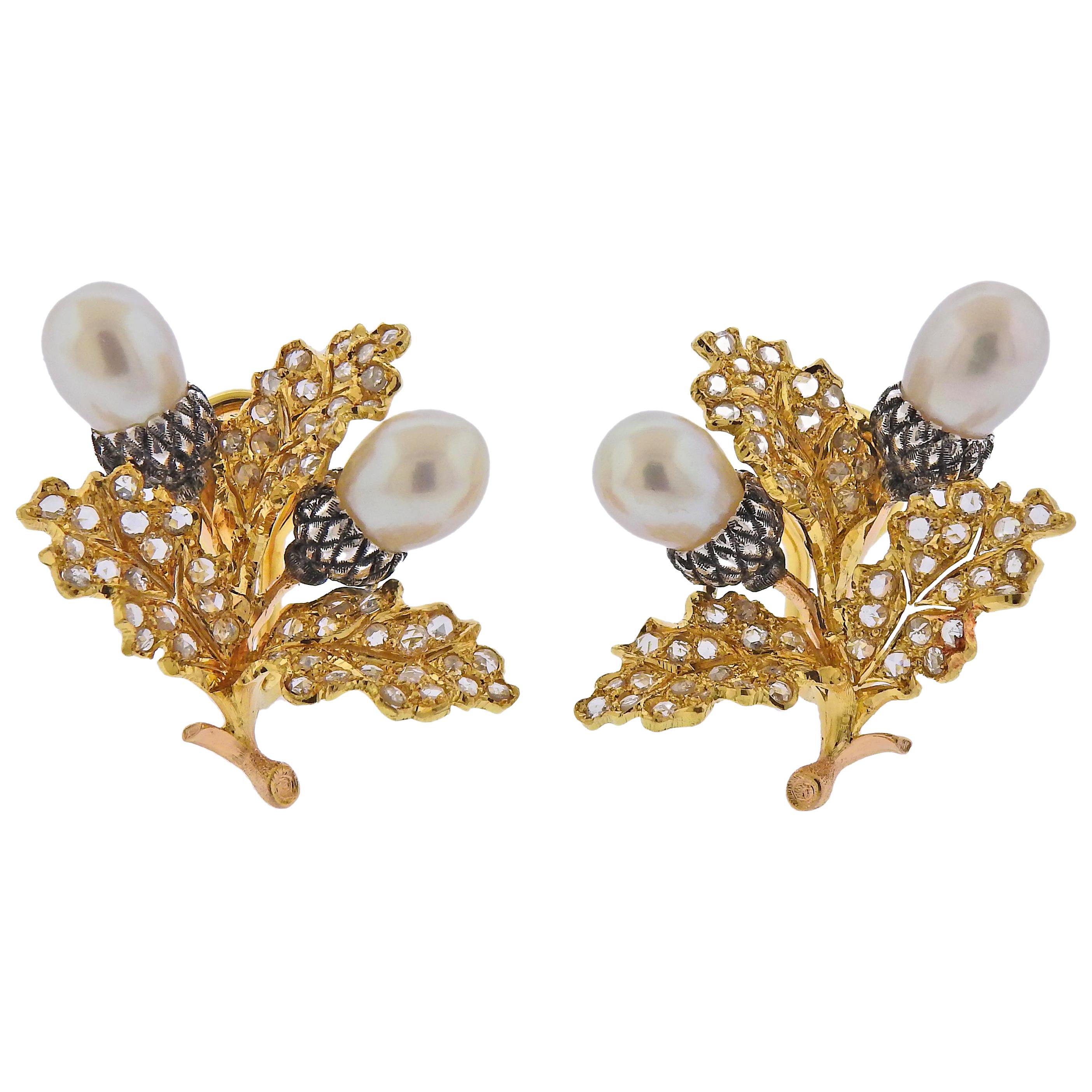 Buccellati Pearl Rose Cut Diamond Gold Leaf Motif Earrings