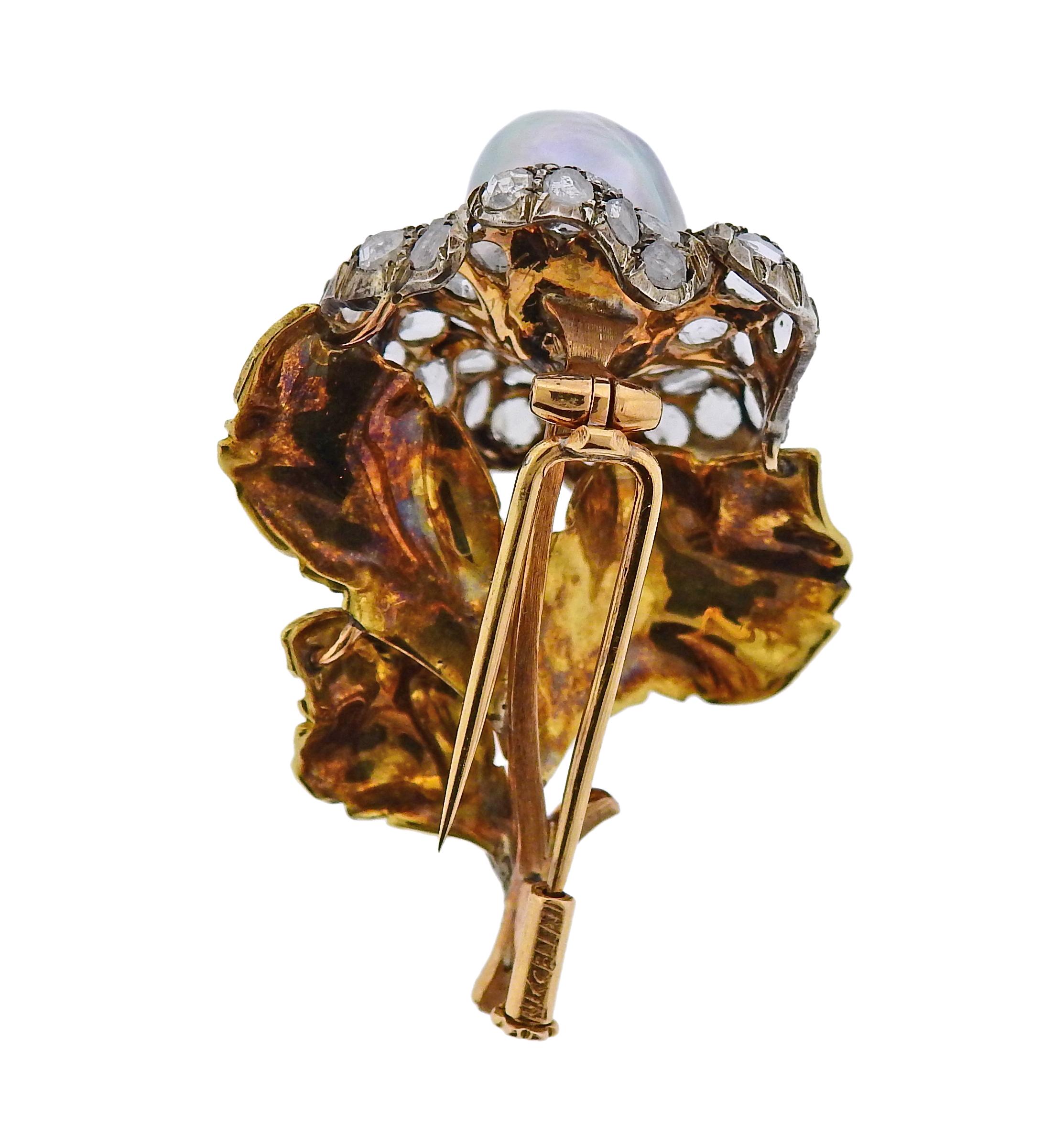 Buccellati Pearl Rose Cut Diamond Silver Gold Brooch Pin In Excellent Condition In Lambertville, NJ