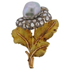 Buccellati Pearl Rose Cut Diamond Silver Gold Brooch Pin